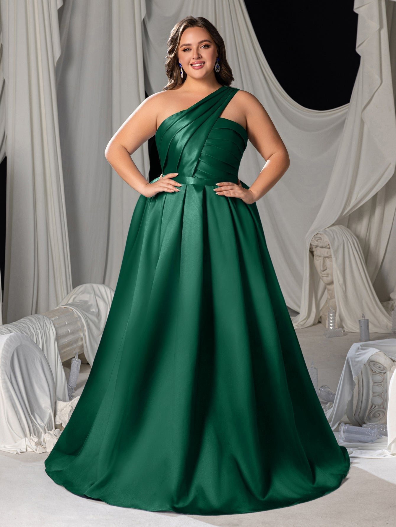 Plus One-Shoulder Satin Gown with Pleated Shoulders, Crisscross Back Straps & Floor-Length Skirt