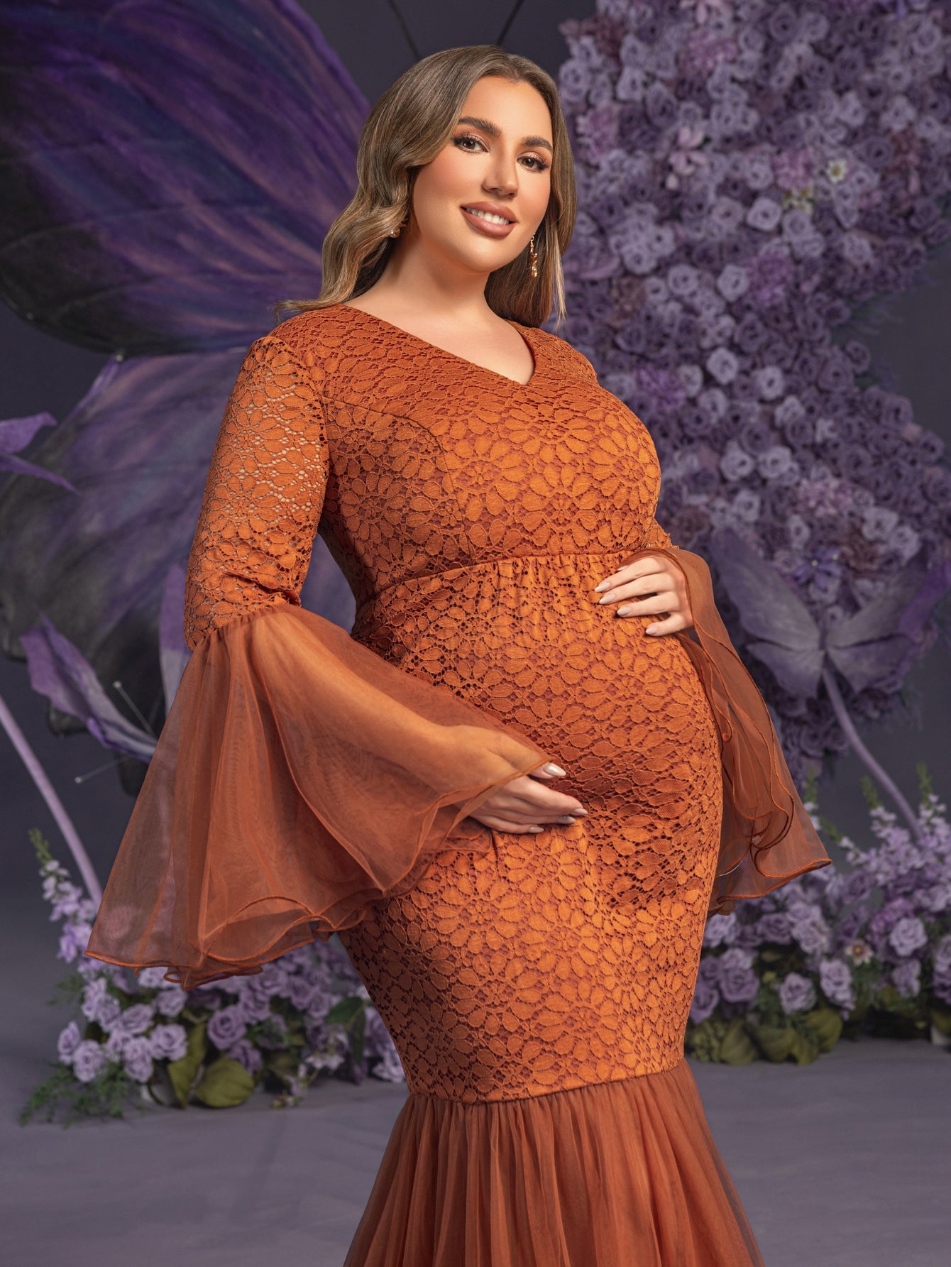 Plus Maternity  V Neck Flared Sleeves Mesh Contrast Lace Evening Dress