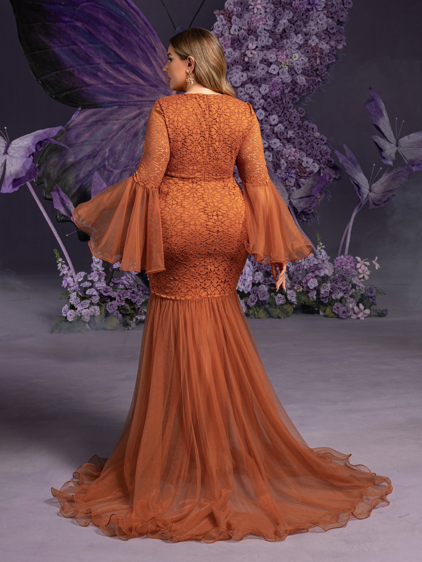 Plus Maternity  V Neck Flared Sleeves Mesh Contrast Lace Evening Dress