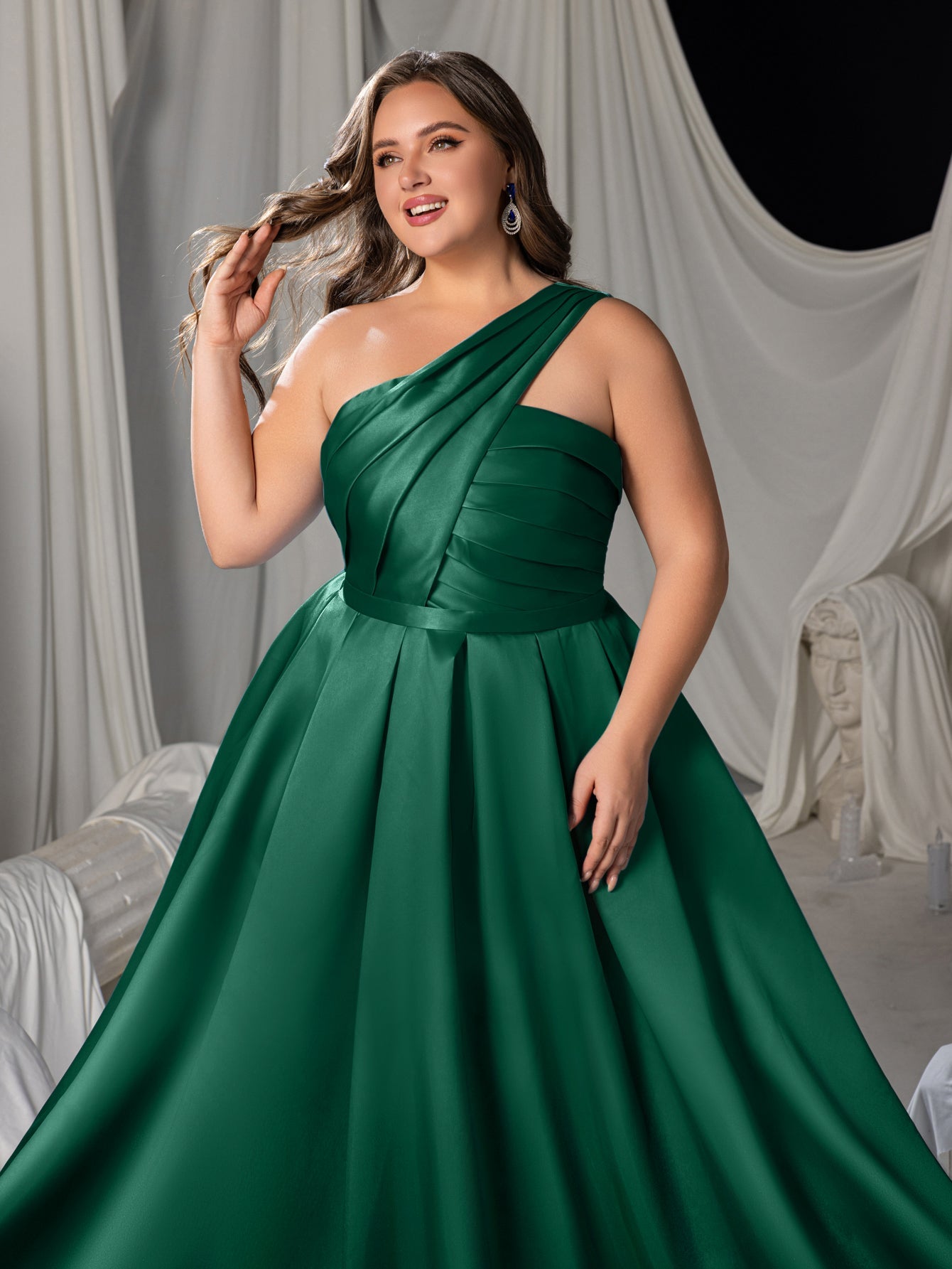 Plus One-Shoulder Satin Gown with Pleated Shoulders, Crisscross Back Straps & Floor-Length Skirt