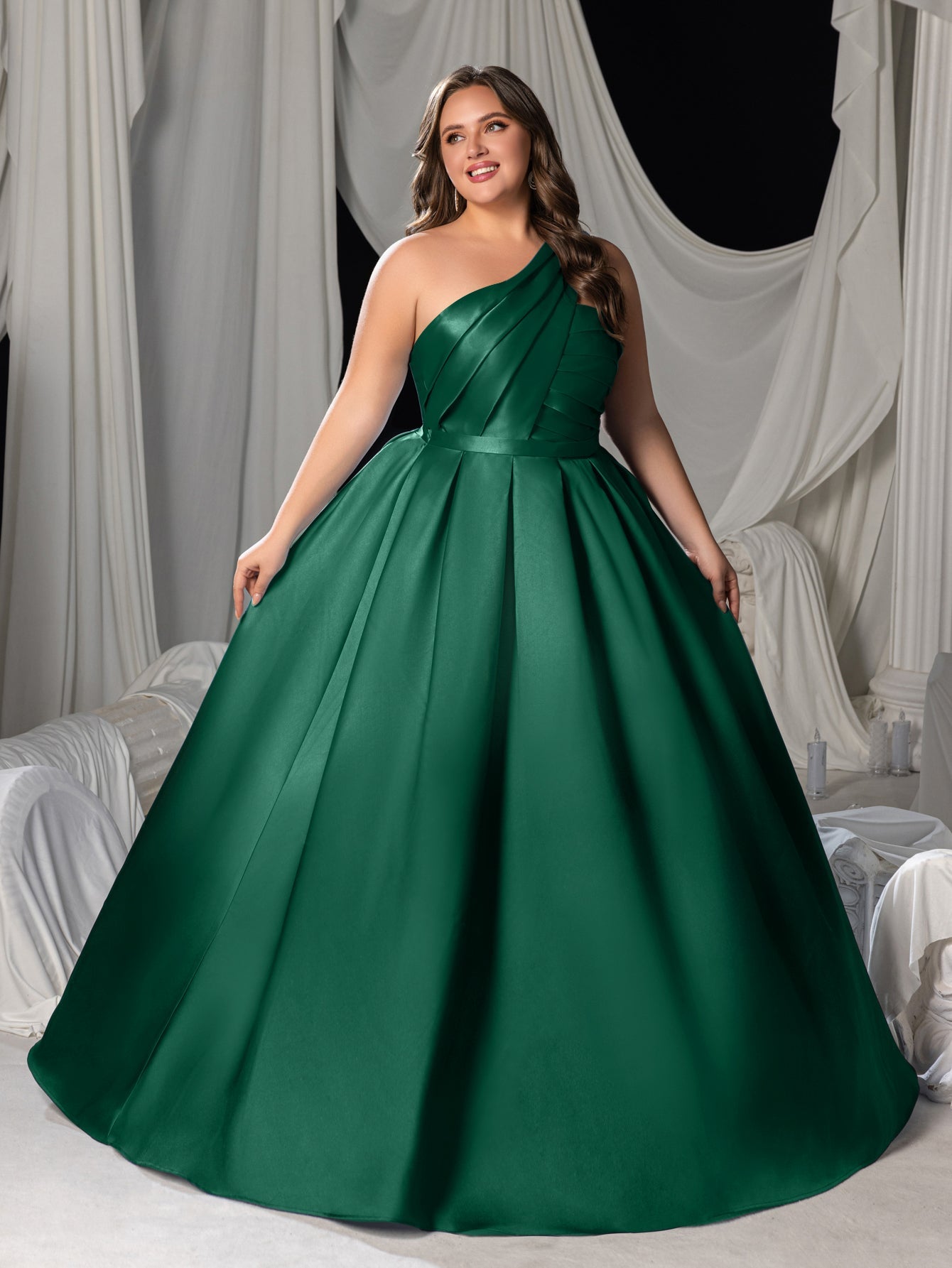 Plus One-Shoulder Satin Gown with Pleated Shoulders, Crisscross Back Straps & Floor-Length Skirt