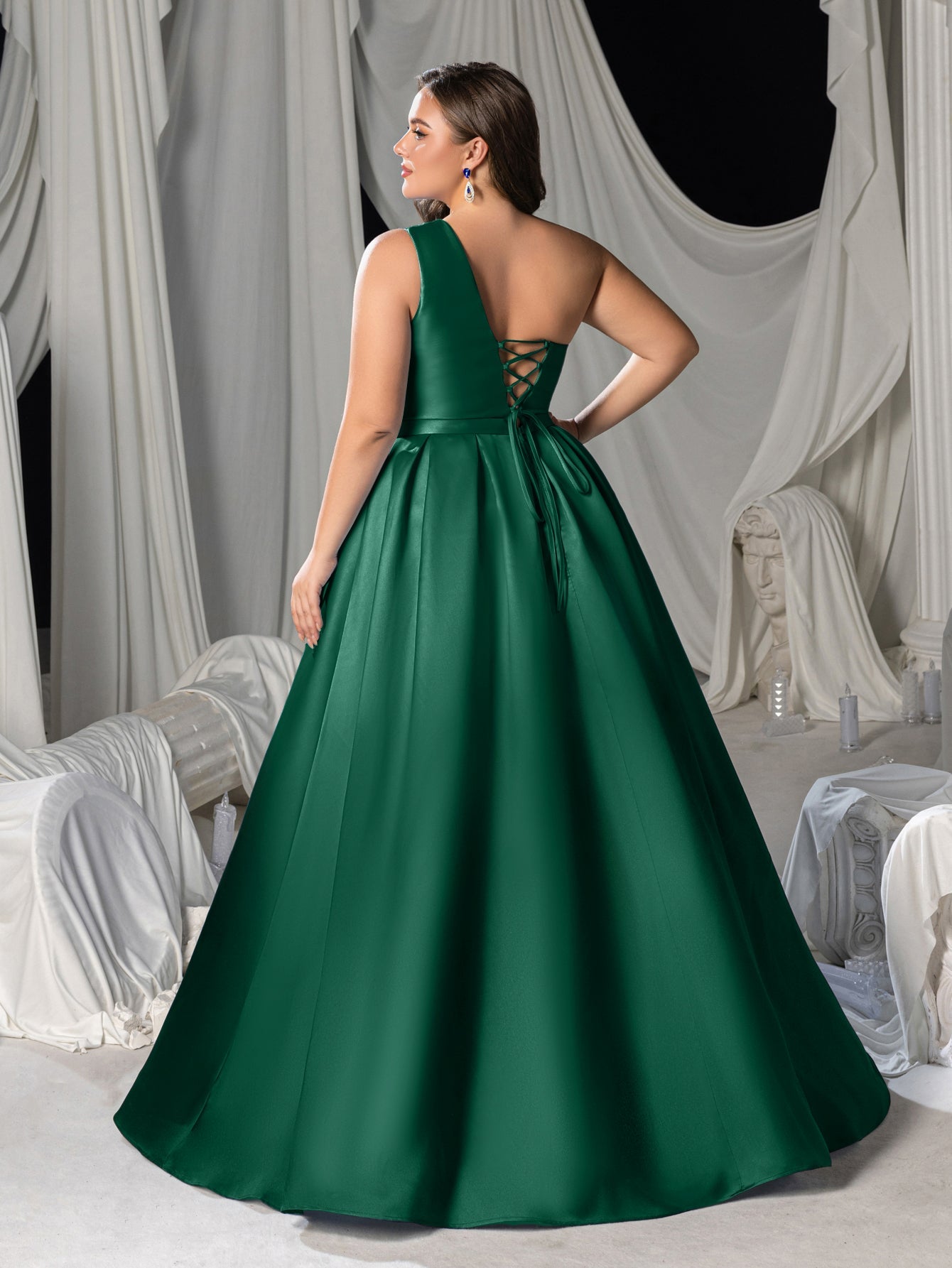 Plus One-Shoulder Satin Gown with Pleated Shoulders, Crisscross Back Straps & Floor-Length Skirt