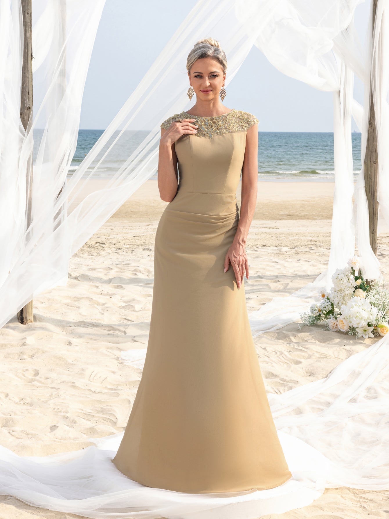 Womens' Elegant Sleeveless Chiffon Floor-Length Gown with Beaded Sequ Khaki / XL Womens' Elegant Sleeveless Chiffon Floor-Length Gown with Beaded Sequ Khaki / XL