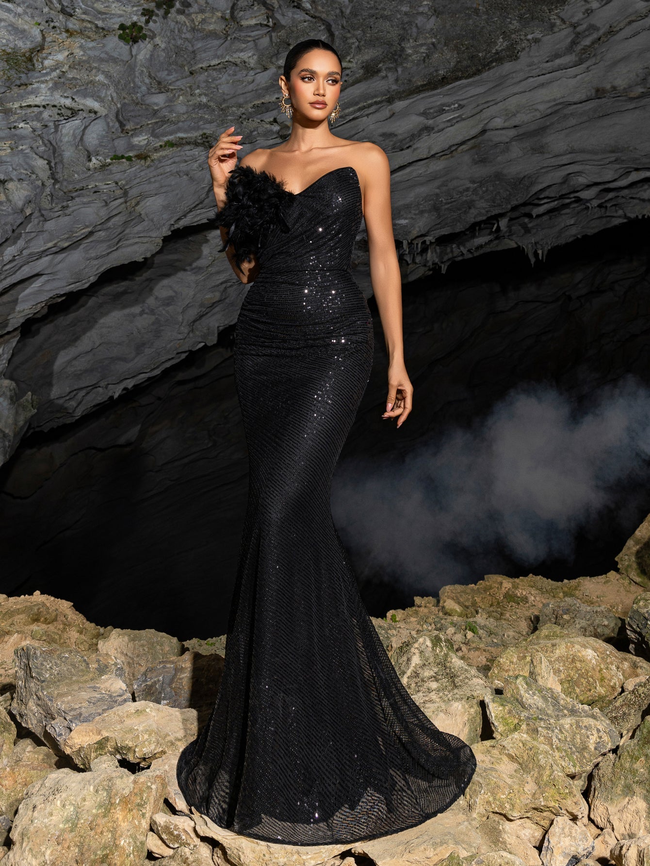 Elegant Feather Accent Strapless Mermaid Gown with Lace-Up Back