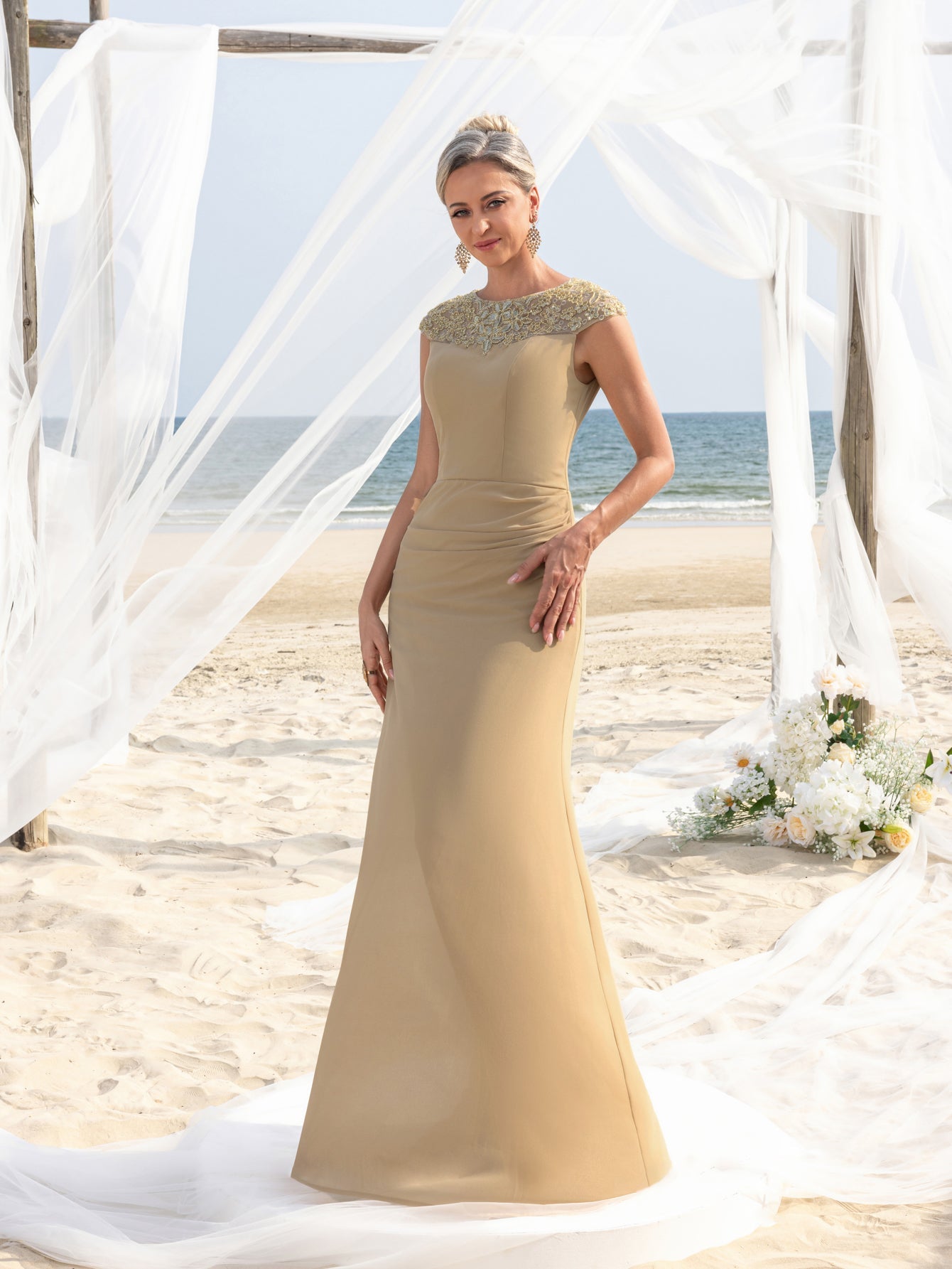 Womens' Elegant Sleeveless Chiffon Floor-Length Gown with Beaded Sequin Neckline – Perfect for Weddings, Evening Events, Coastal Celebrations, and Red-Carpet Occasions