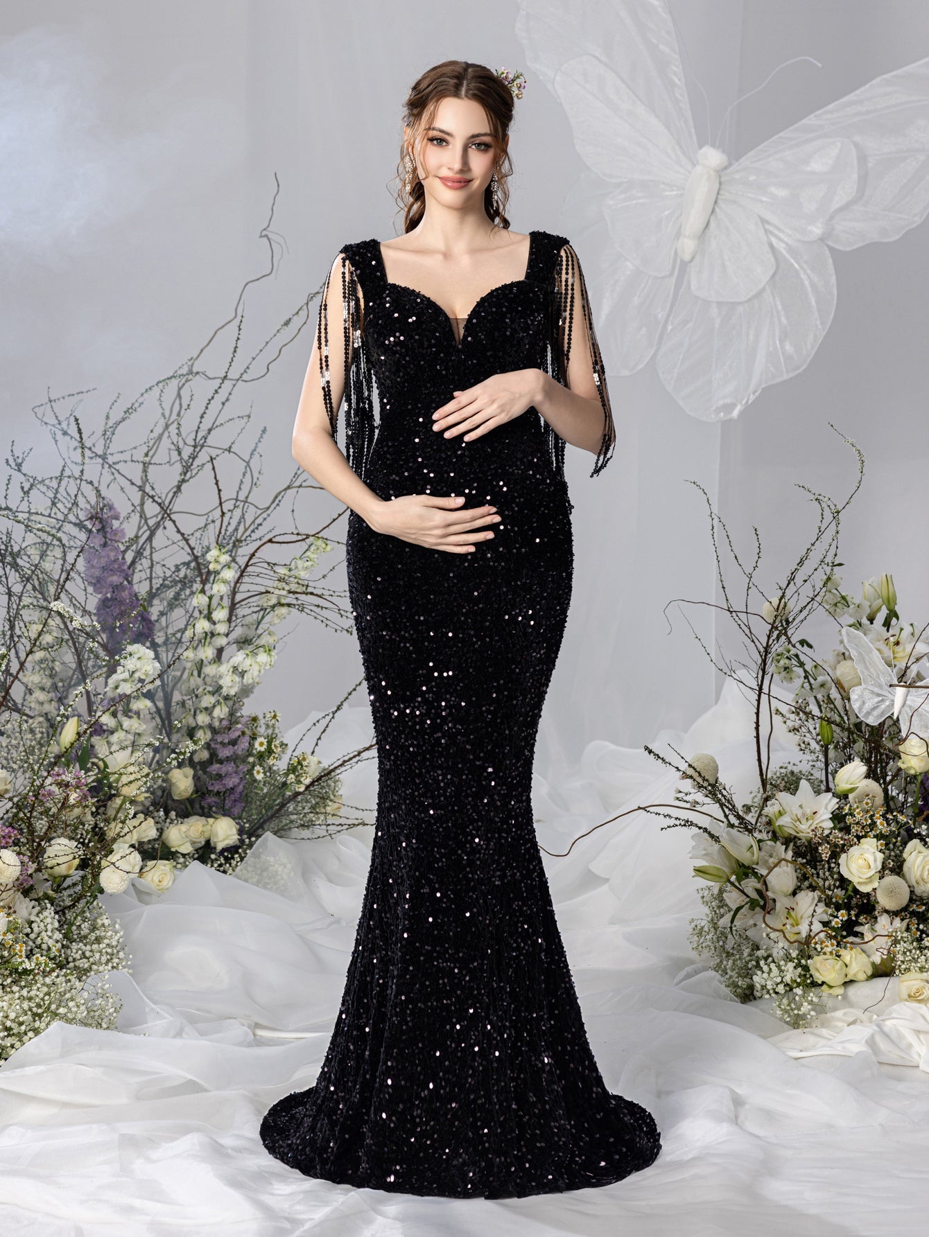 maternity sequin dress Sheer Maternity Dress For Photo Shoot, Plus Size Gown, Glitter Dresses For Wedding Guest, Goddess Gown, Photography Gown, Sparkly Gold~Elise