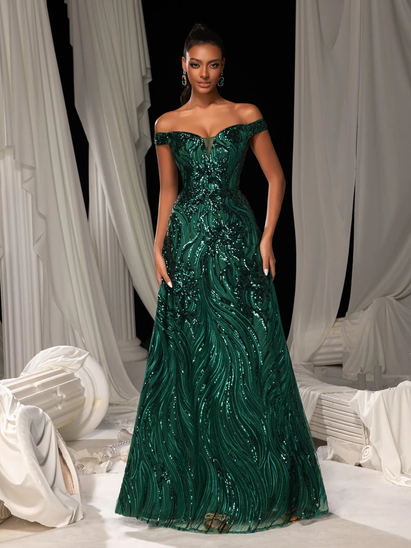 Elegant Off Shoulder Graphic Sequin Formal Prom Dress Champagne / XS Elegant Off Shoulder Graphic Sequin Formal Prom Dress Champagne / XS
