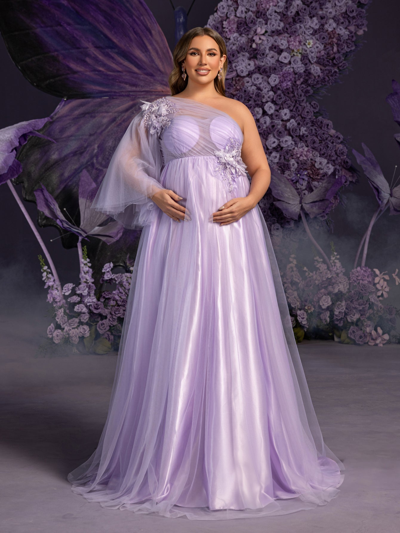 Plus Maternity  Applique Details One Shoulder Tulle Evening Dress
