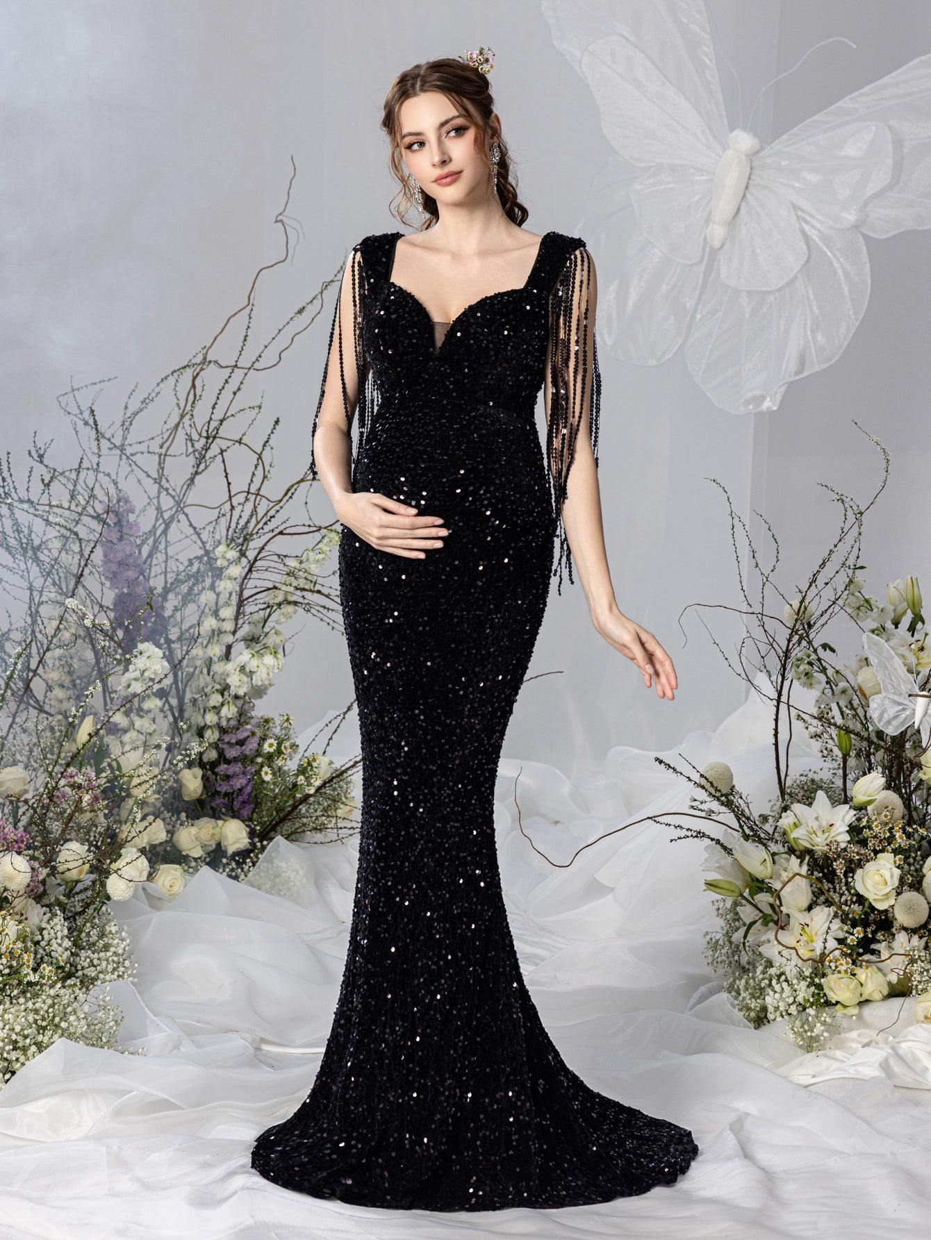 sequin dress maternity Momyknows Sparkly Diamond Rhinestone Mesh Slit Long Sleeve Mermaid Sheer Maternity Elegant Baby Shower Party Maxi Dress, Coffee / M