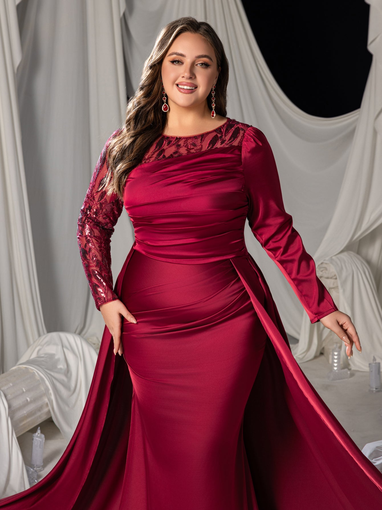 Plus Long Sleeves Mermaid Hem Satin Evening Dress with Floral Sequin Accents