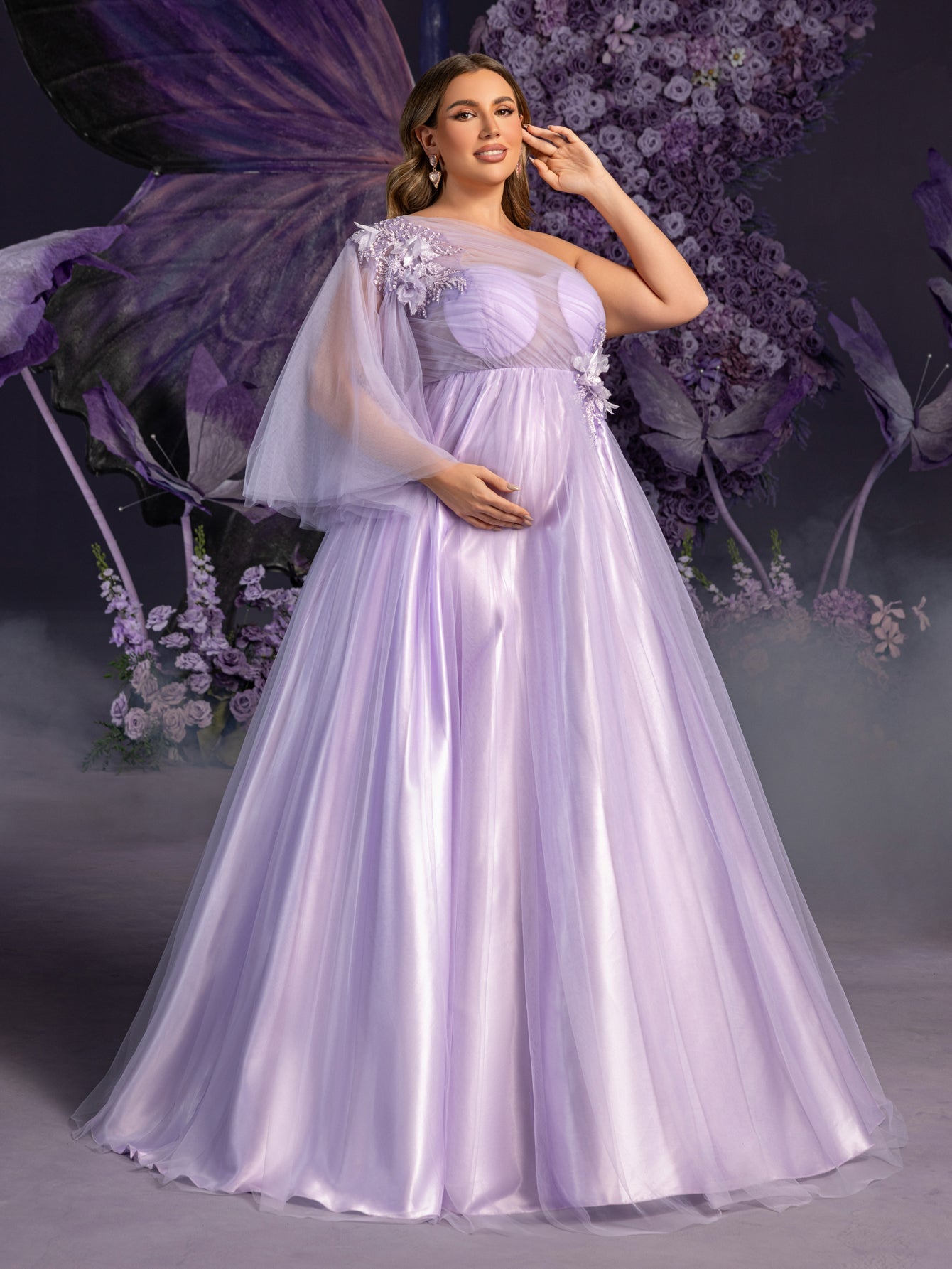 Plus Maternity  Applique Details One Shoulder Tulle Evening Dress
