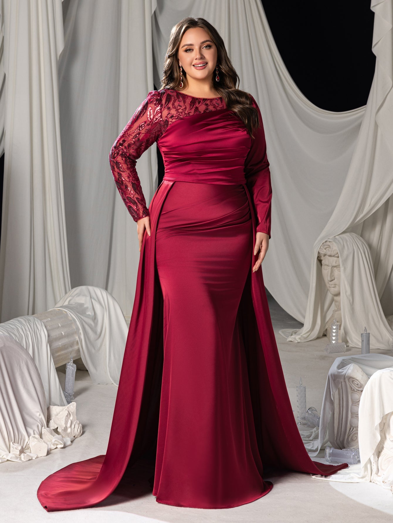 Plus Long Sleeves Mermaid Hem Satin Evening Dress with Floral Sequin Accents