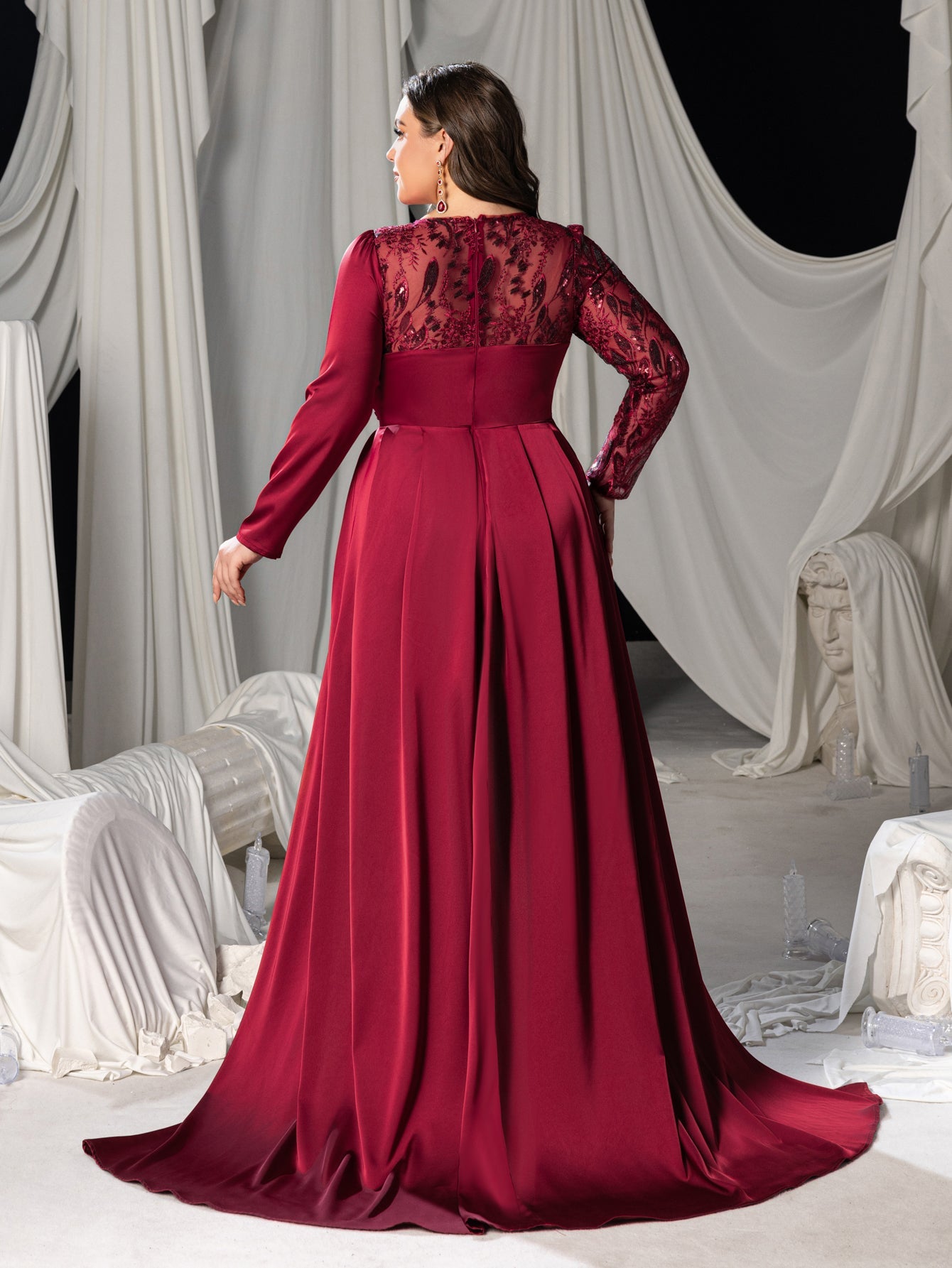Plus Long Sleeves Mermaid Hem Satin Evening Dress with Floral Sequin Accents