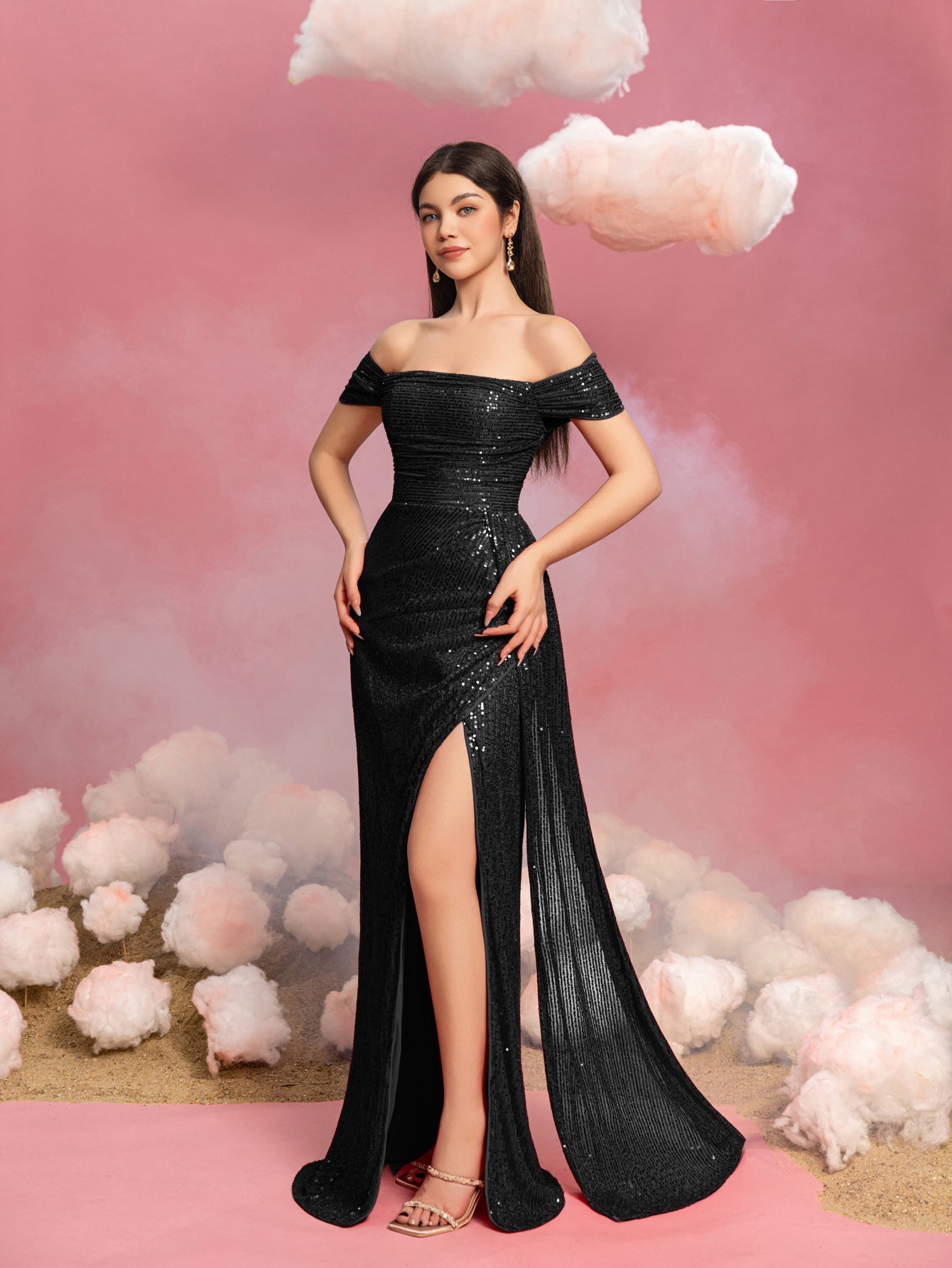 Teen Girls' Off Shoulder Draped Side Split Hem Sequin Party Dress Champagne / 13Y Teen Girls' Off Shoulder Draped Side Split Hem Sequin Party Dress Champagne / 13Y
