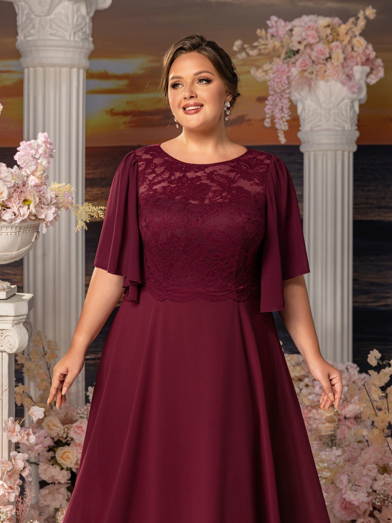 Plus Womens' ELegant Mother-of-the-Bride Gown: Lace Bodice with Chiffon Ruffled Sleeves – Elegant Beach Wedding Formal Dress