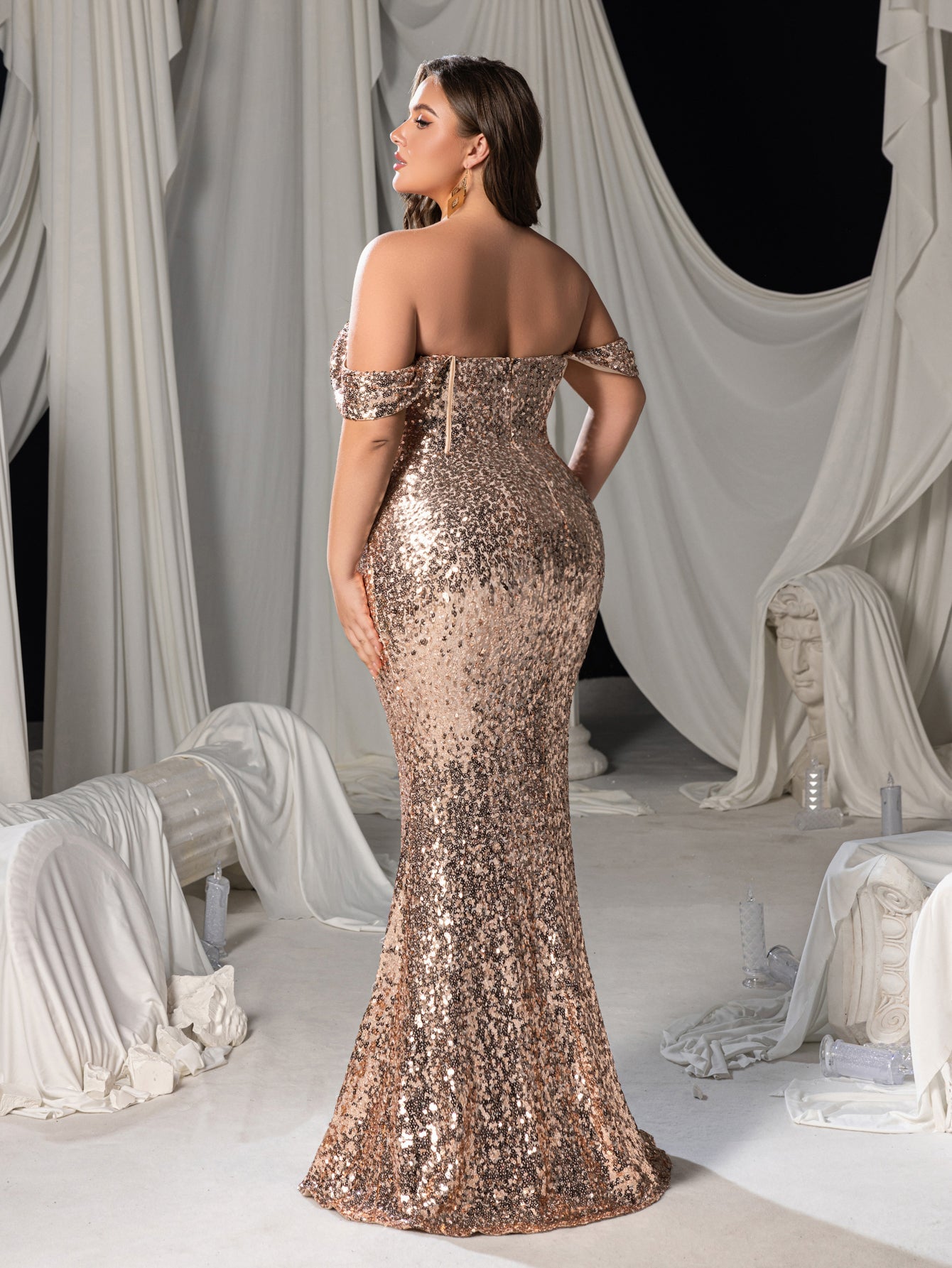 Plus Off Shoulder Mermaid Hem Sequin Evening Dress with Side Slit
