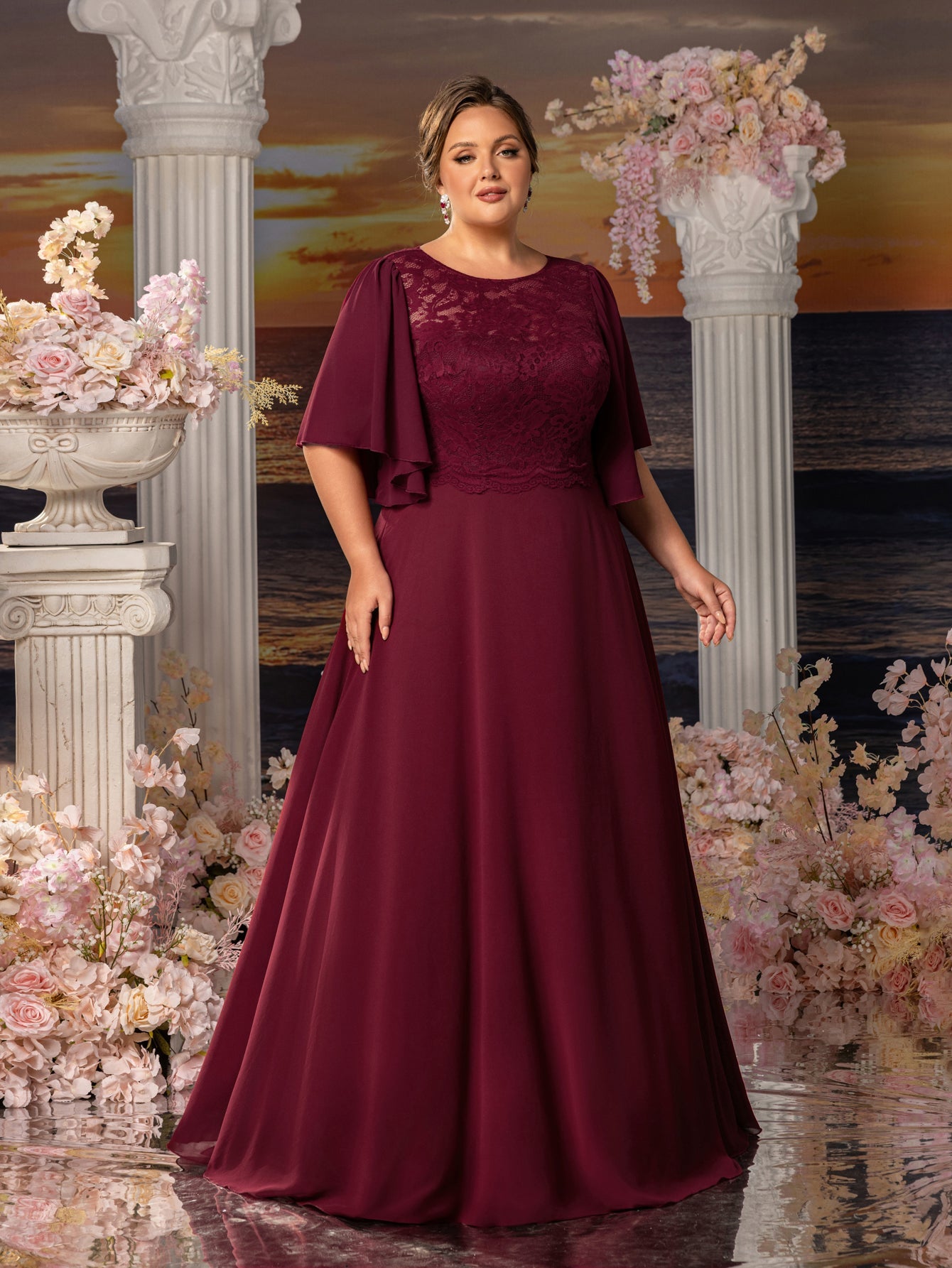 Plus Womens' ELegant Mother-of-the-Bride Gown: Lace Bodice with Chiffon Ruffled Sleeves – Elegant Beach Wedding Formal Dress