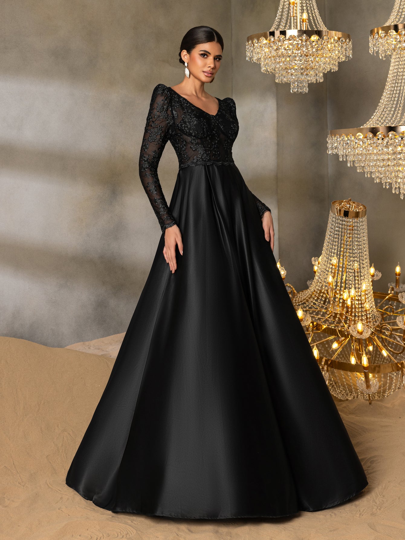 Elegant V Neck Lace Bodice Satin A-line Prom Dress – Faeriesty