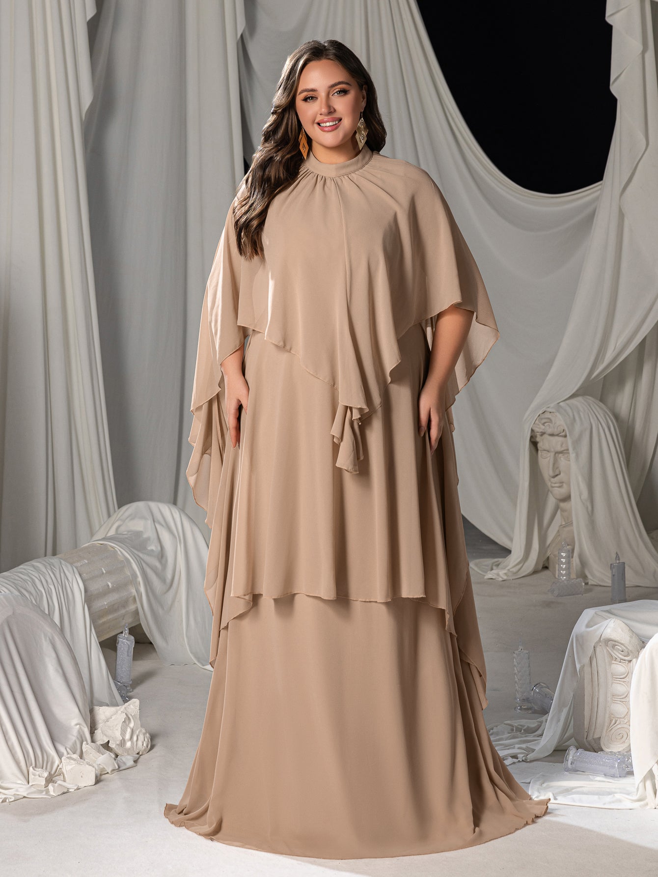 Plus Mock Neck Layered Hem Chiffon Dress