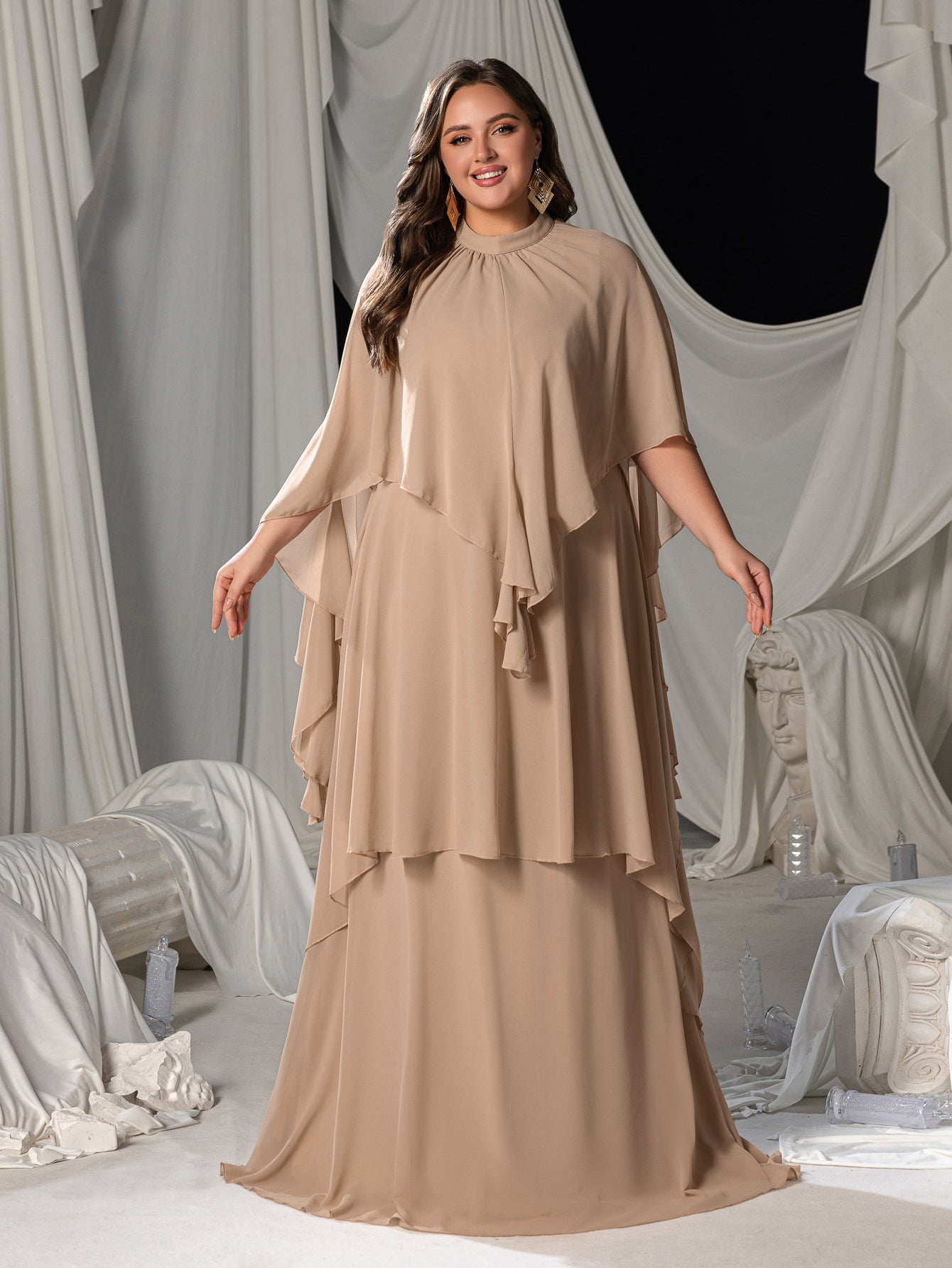 Plus Mock Neck Layered Hem Chiffon Dress