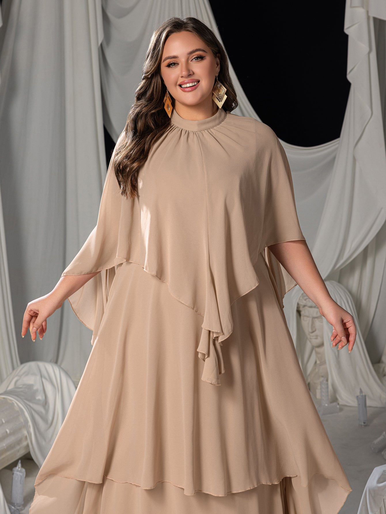 Plus Mock Neck Layered Hem Chiffon Dress