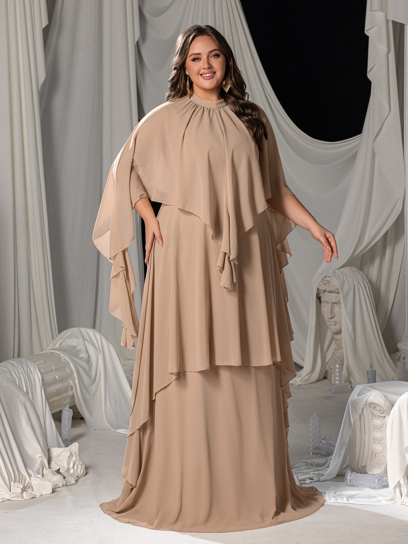 Plus Mock Neck Layered Hem Chiffon Dress