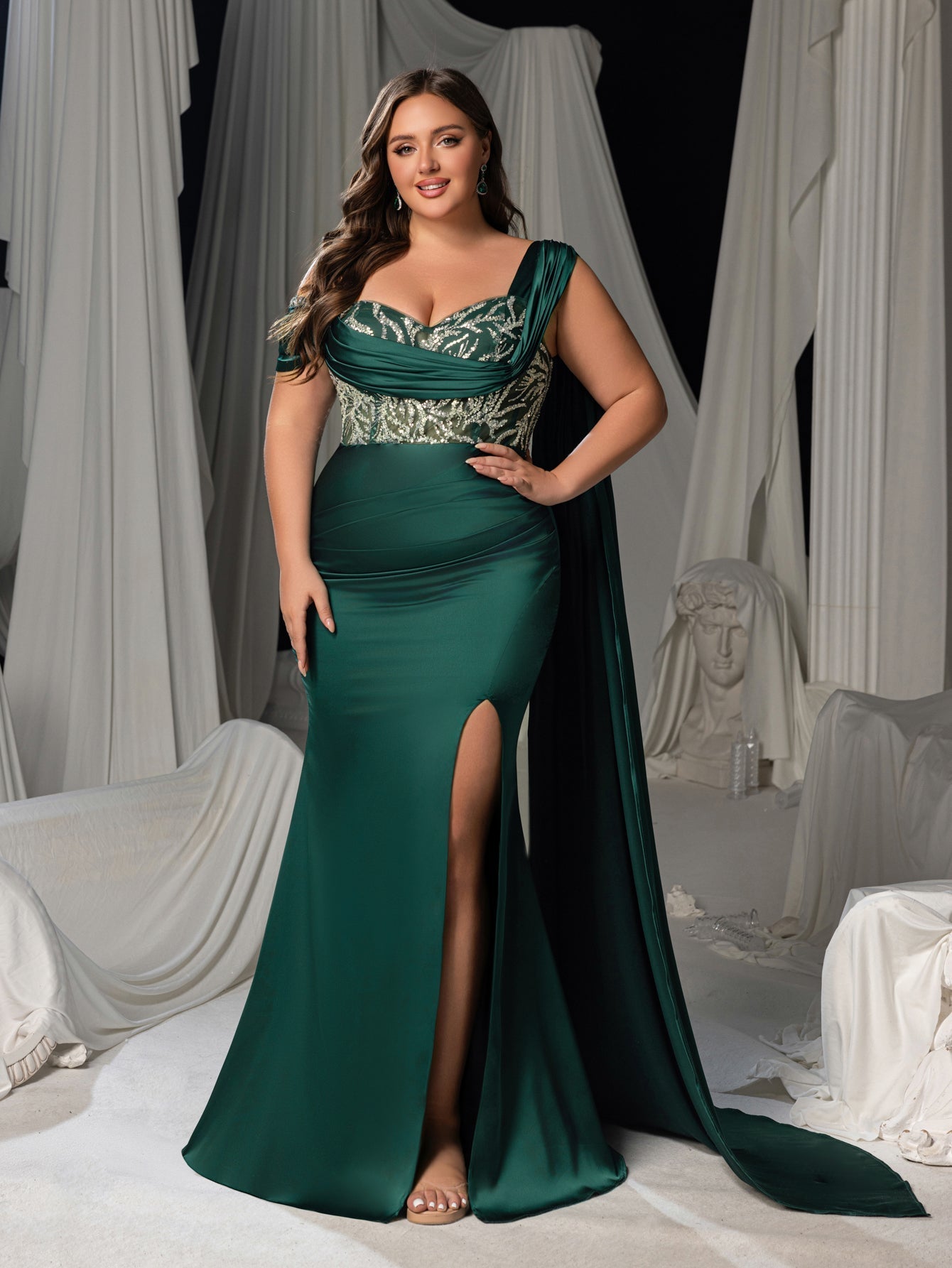 plus size one shoulder formal dresses Final Sale Plus Size One Shoulder Ruffle Trim Gown with Front Slit in Red