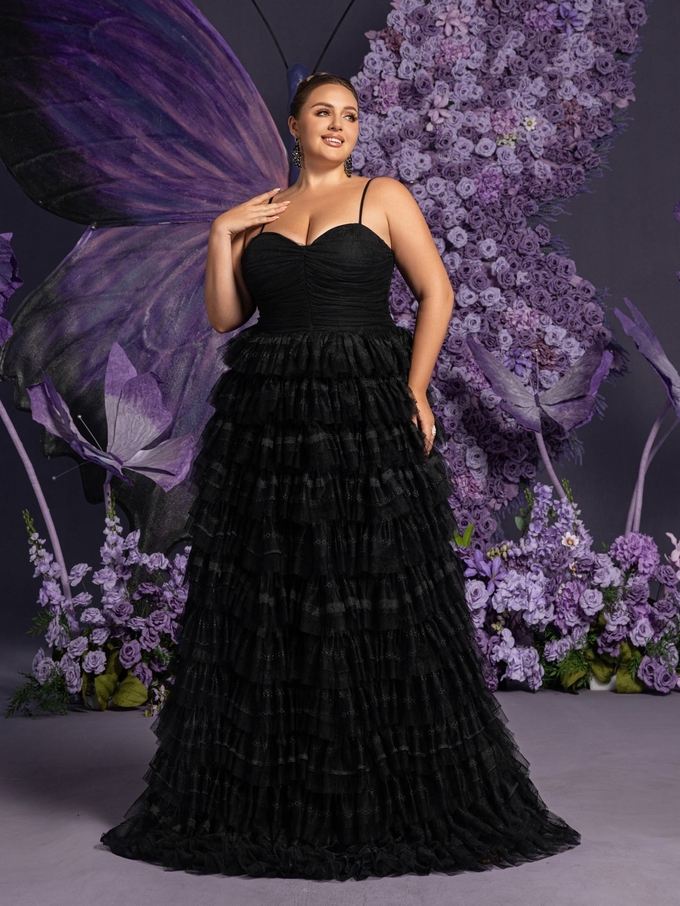 Plus Gorgeous Lace Up Back Cascading Ruffle Hem Slip Wedding Dress Black / 3XL Plus Gorgeous Lace Up Back Cascading Ruffle Hem Slip Wedding Dress Black / 3XL