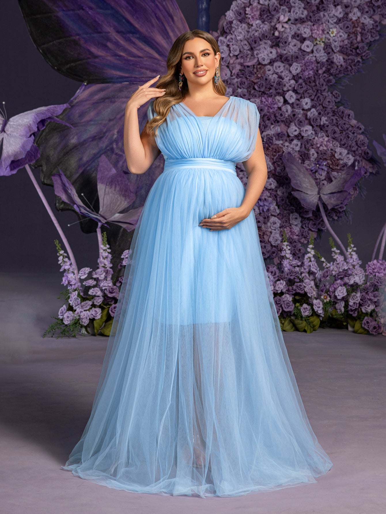 Plus Maternity  Plunging Neck Sleeveless Tulle Overlay Party Dress