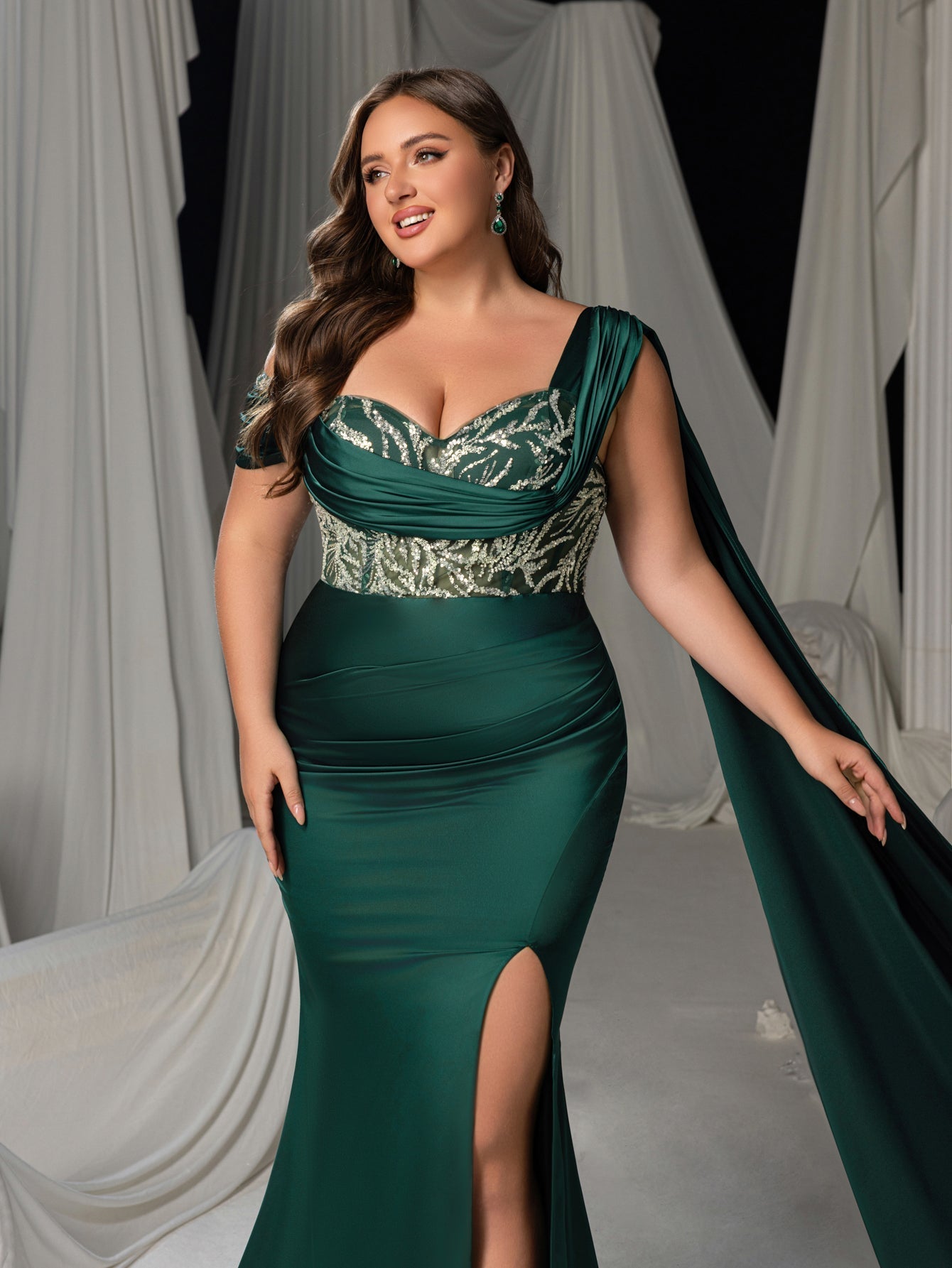 Plus Size One-Shoulder Sequin Bodice Formal Dress with Corset Back & Train