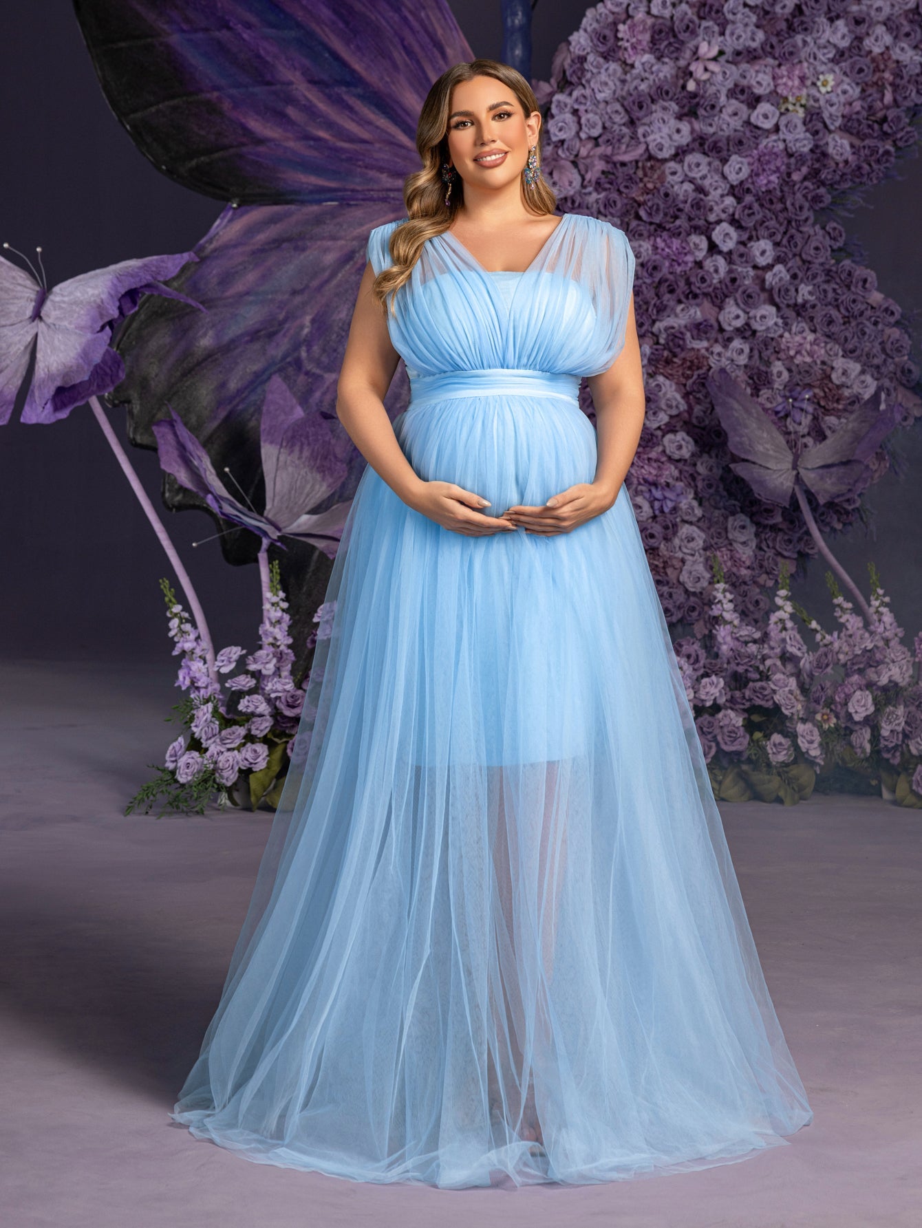 Plus Maternity  Plunging Neck Sleeveless Tulle Overlay Party Dress