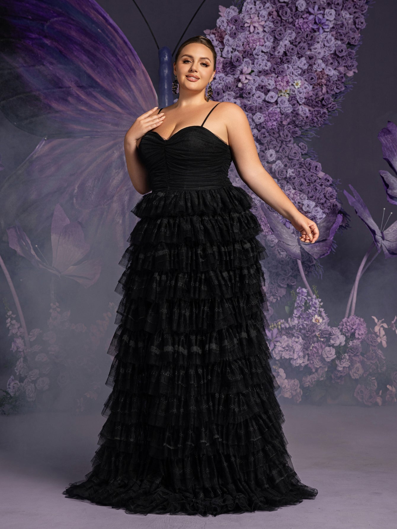 Plus Gorgeous Lace Up Back Cascading Ruffle Hem Slip Wedding Dress Black / 3XL Plus Gorgeous Lace Up Back Cascading Ruffle Hem Slip Wedding Dress Black / 3XL