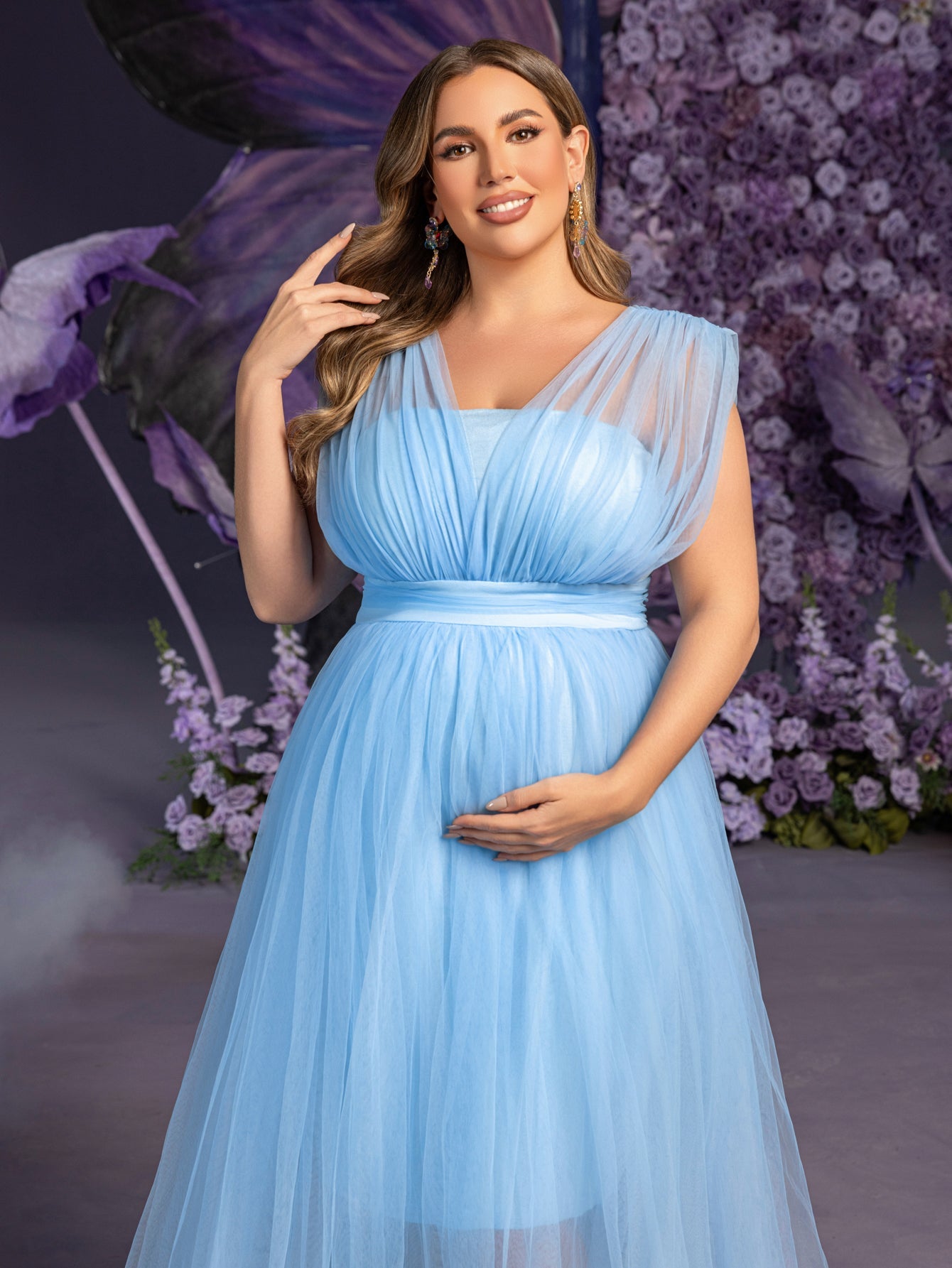 Plus Maternity  Plunging Neck Sleeveless Tulle Overlay Party Dress