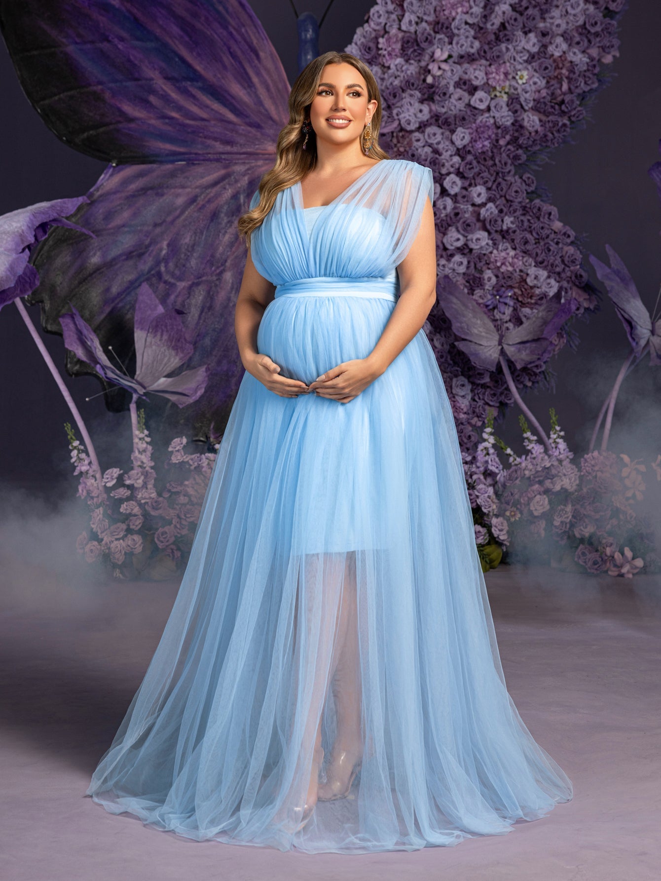 Plus Maternity  Plunging Neck Sleeveless Tulle Overlay Party Dress