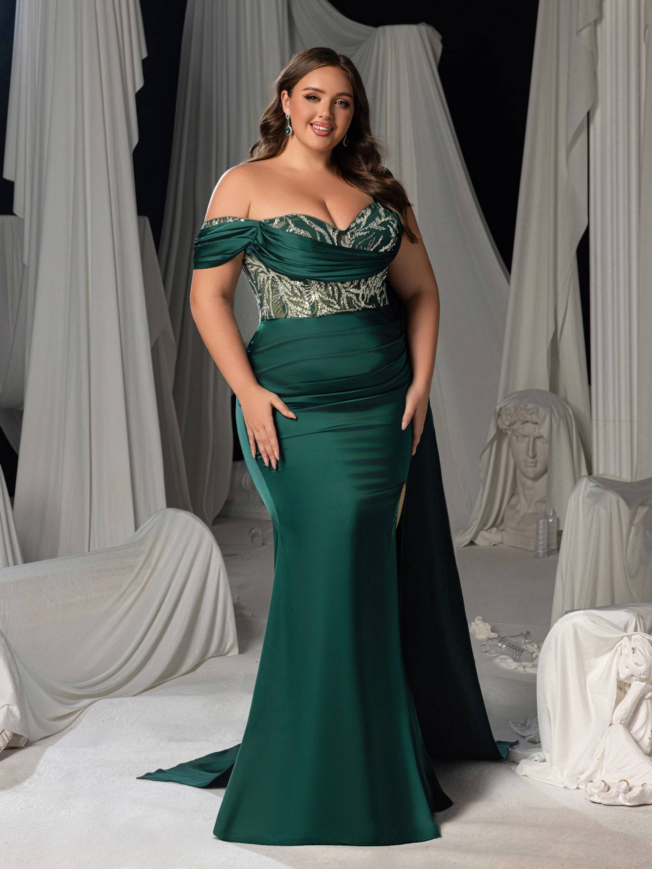 Plus Size One-Shoulder Sequin Bodice Formal Dress with Corset Back & Train