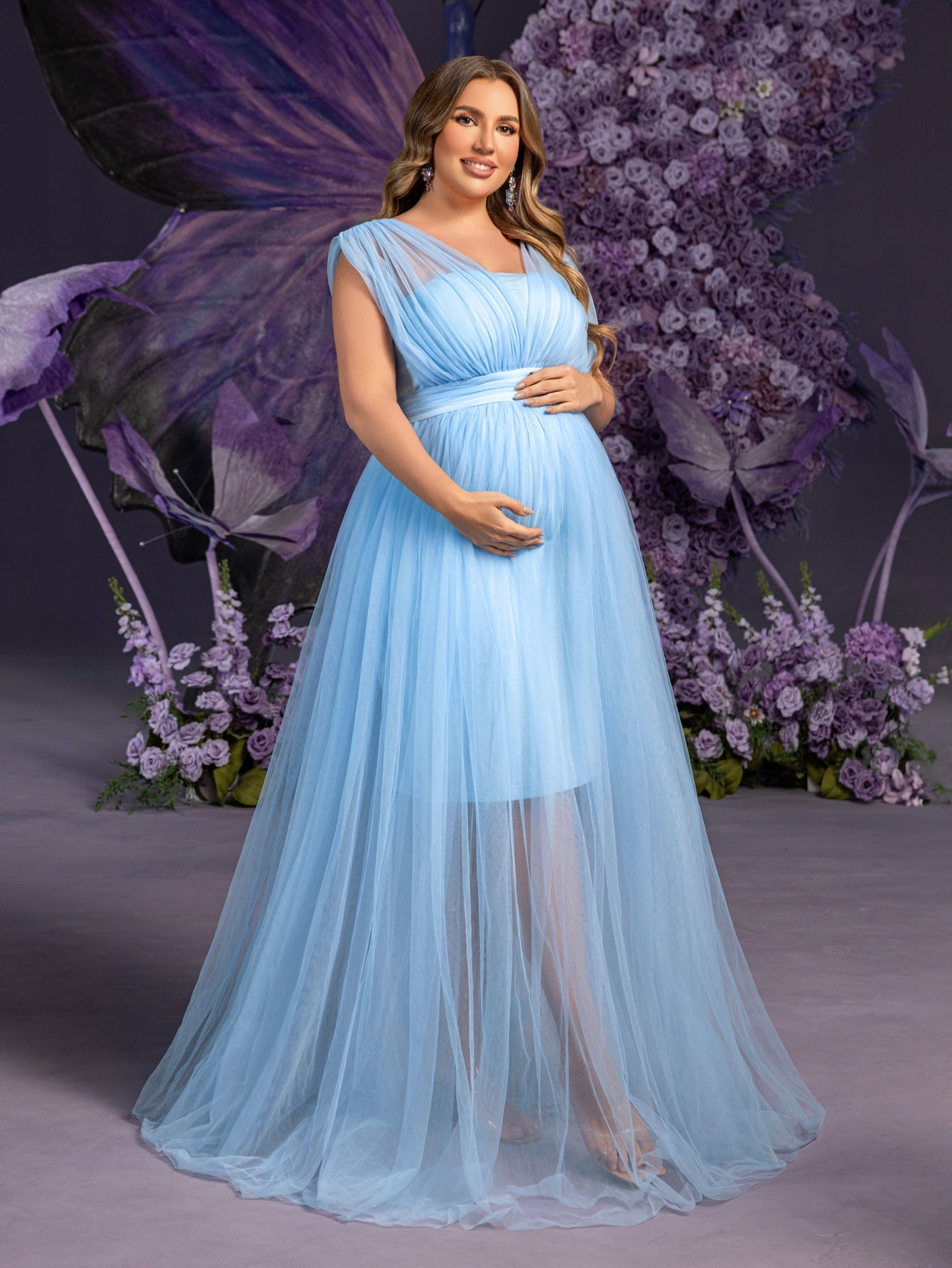 Plus Maternity  Plunging Neck Sleeveless Tulle Overlay Party Dress