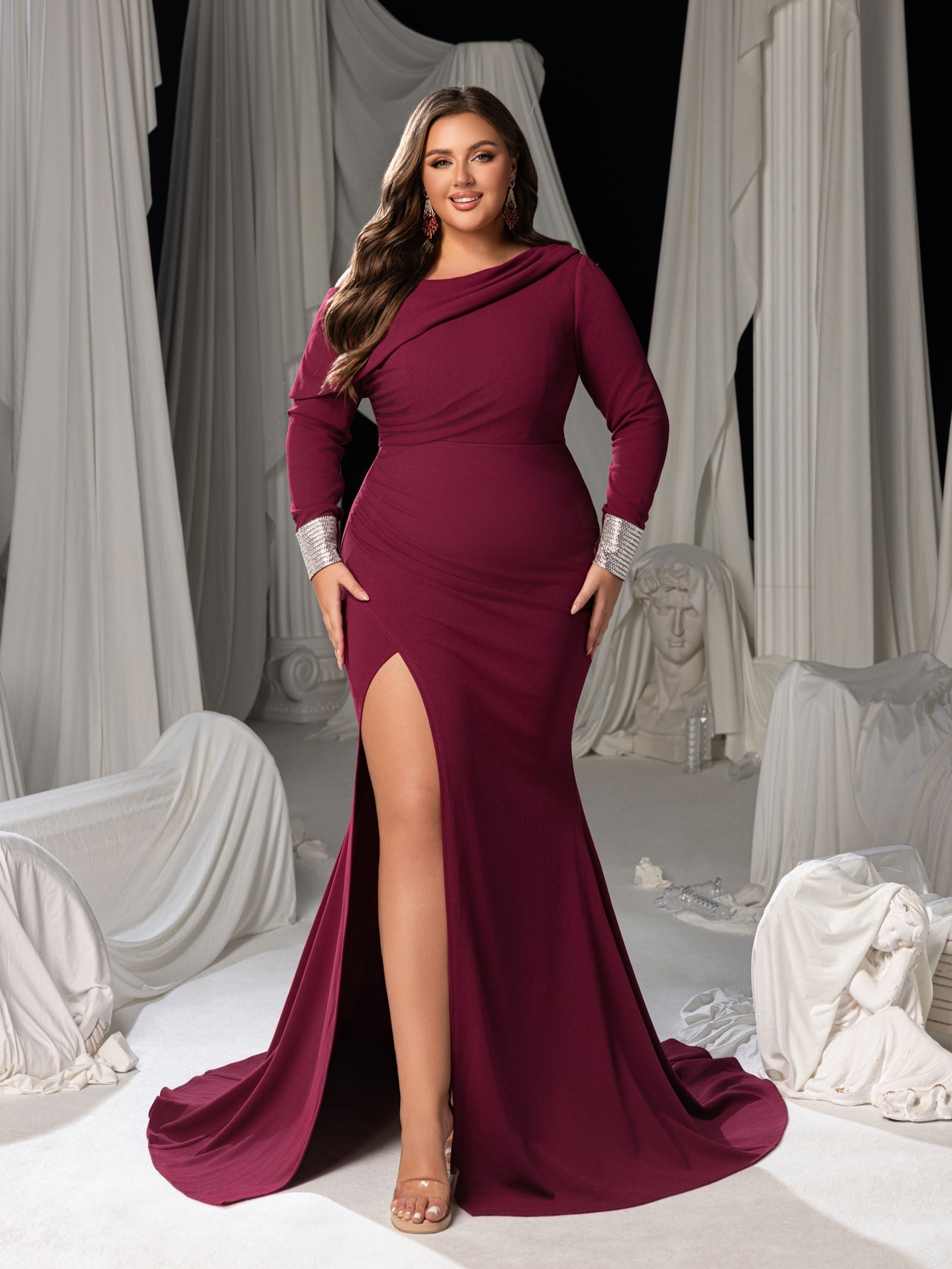 Plus Size One-Shoulder Mermaid Evening Gown - Formal Dress with Rhine Burgundy / 1XL Plus Size One-Shoulder Mermaid Evening Gown - Formal Dress with Rhine Burgundy / 1XL