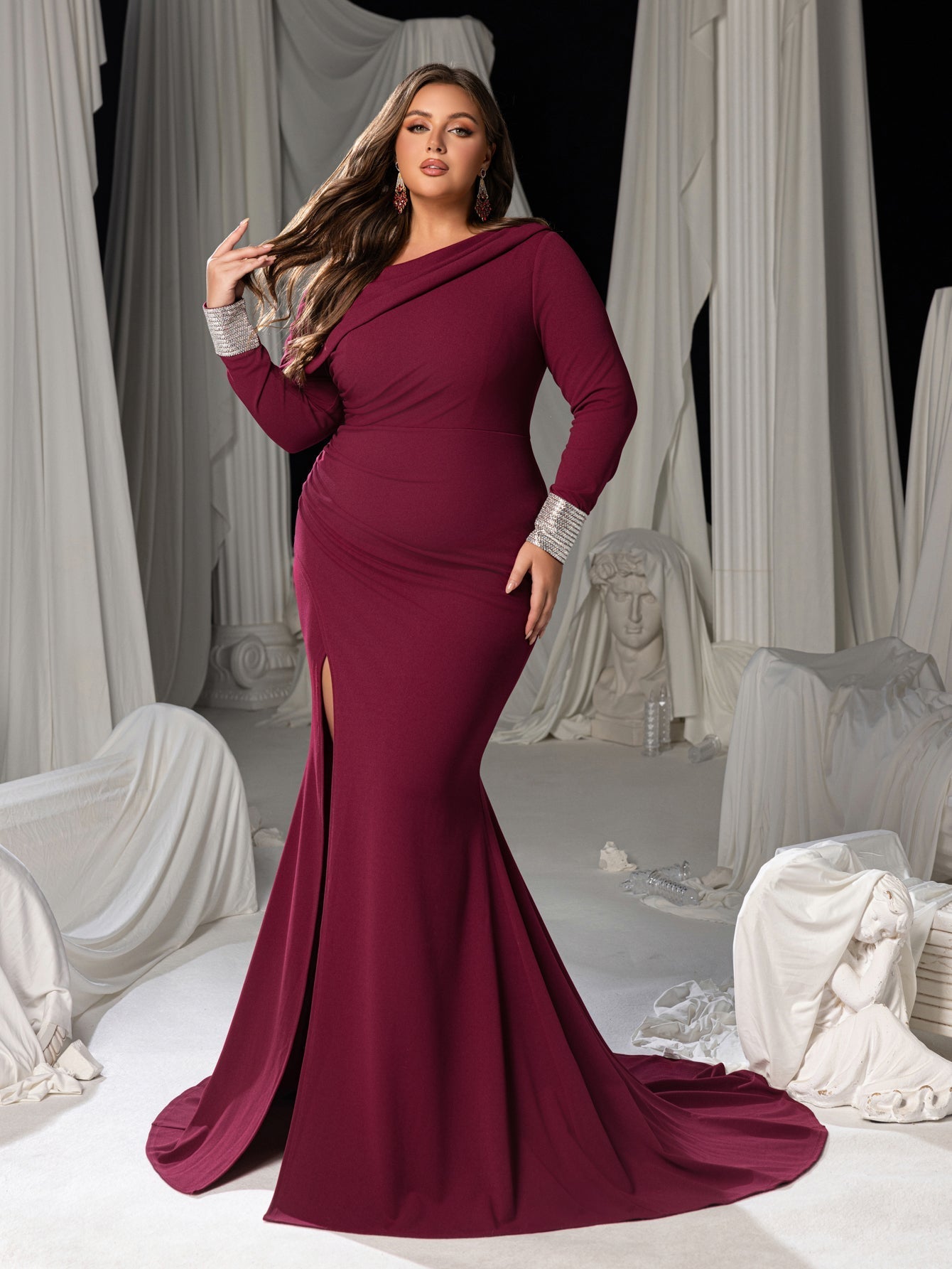 Plus Size One-Shoulder Mermaid Evening Gown - Formal Dress with Rhinestone & High Slit