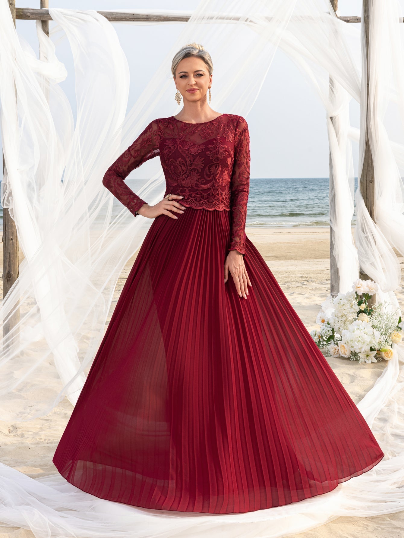 Womens' Elegant A-Line Formal Dress with Long-Sleeve Lace Bodice & Chiffon Pleated Skirt