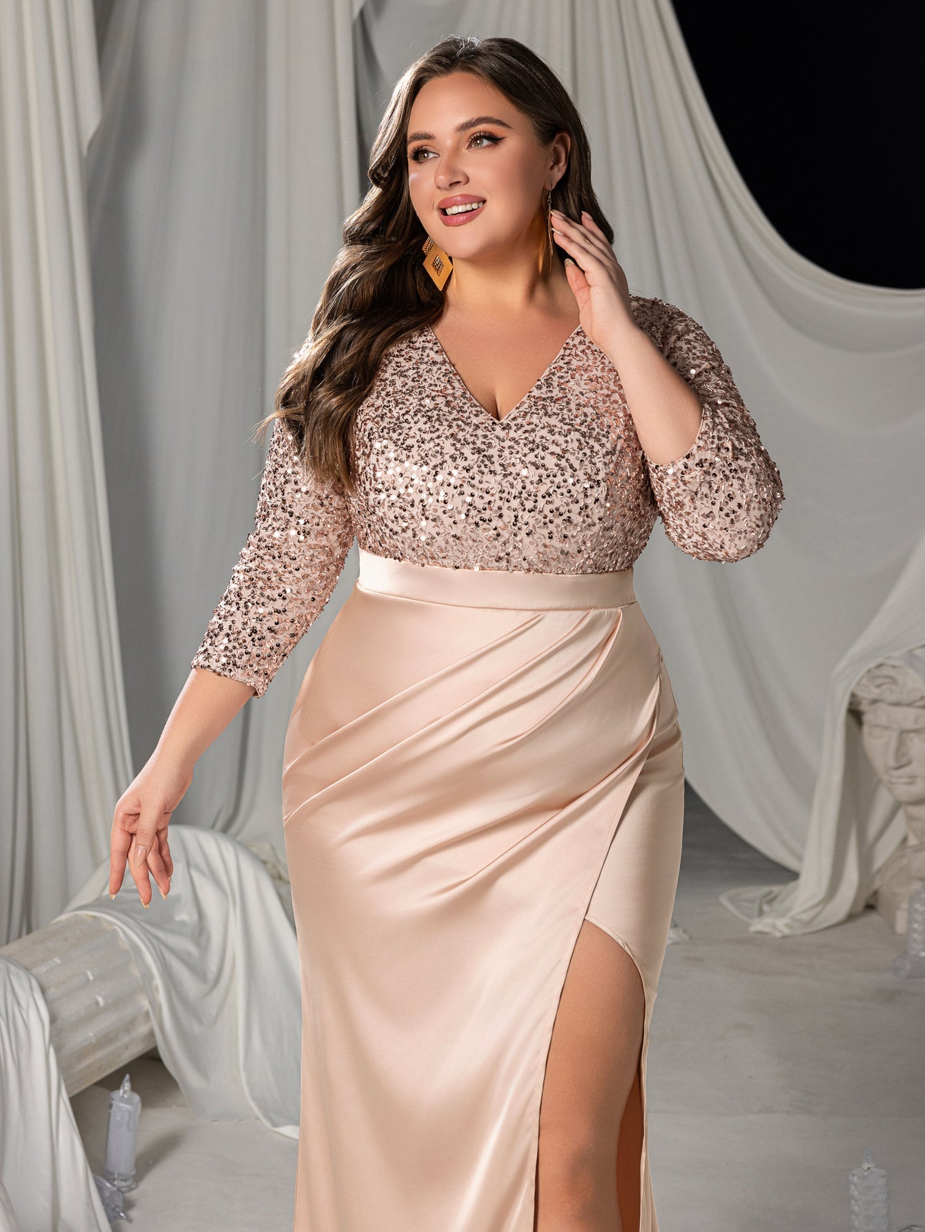 Plus Sequined V-Neck Mermaid Gown with Ruffled Satin Skirt & High Slit