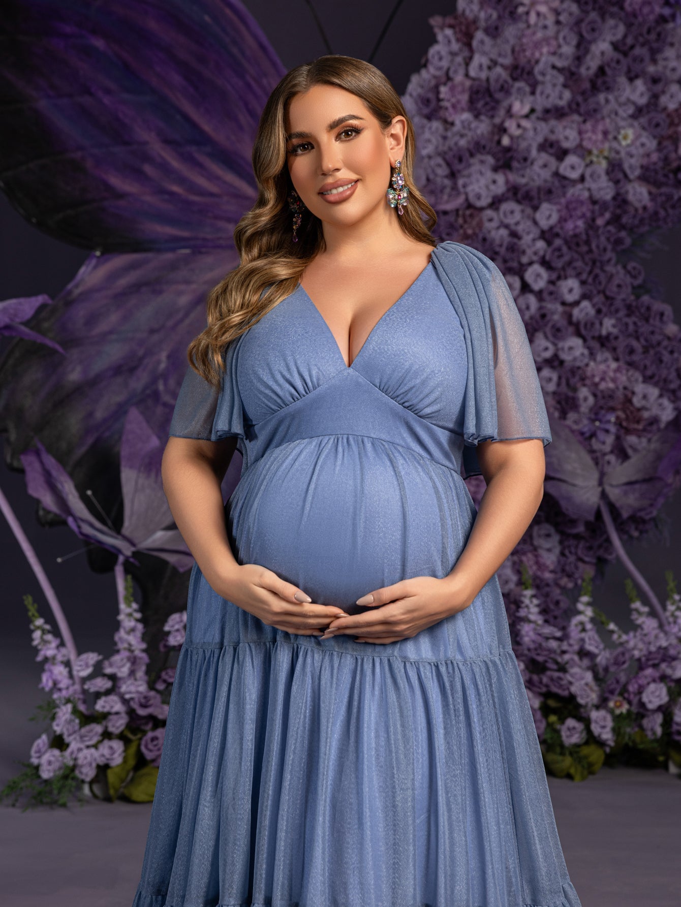 Plus Maternity Gowns: Deep V-Neck & Sheer Sleeve Tiered Tulle Dresses for Pregnancy Photoshoots – 1XL-5XL