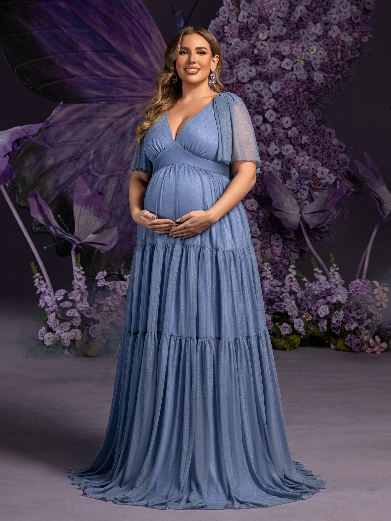 Plus Maternity Gowns: Deep V-Neck & Sheer Sleeve Tiered Tulle Dresses for Pregnancy Photoshoots – 1XL-5XL