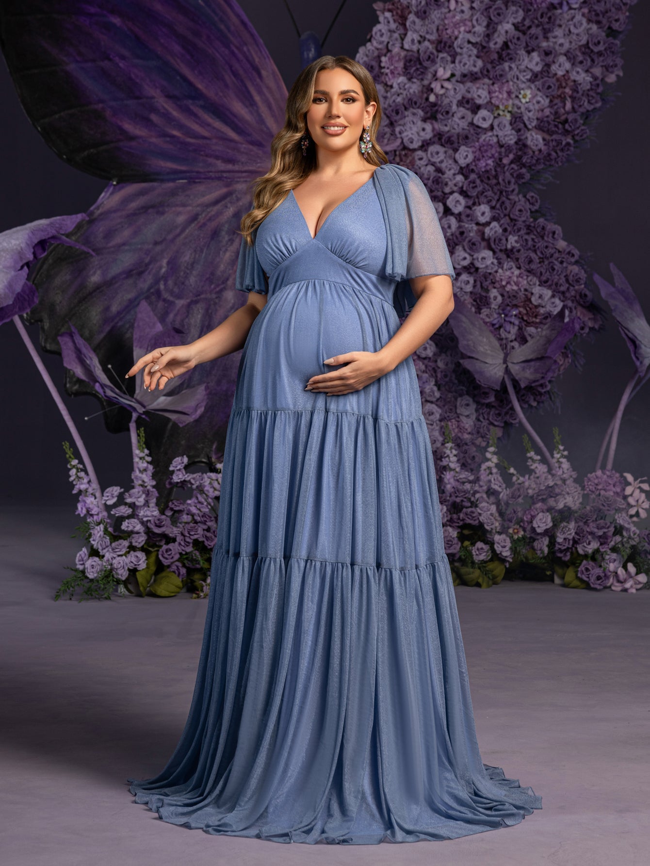 Plus Maternity Gowns: Deep V-Neck & Sheer Sleeve Tiered Tulle Dresses for Pregnancy Photoshoots – 1XL-5XL