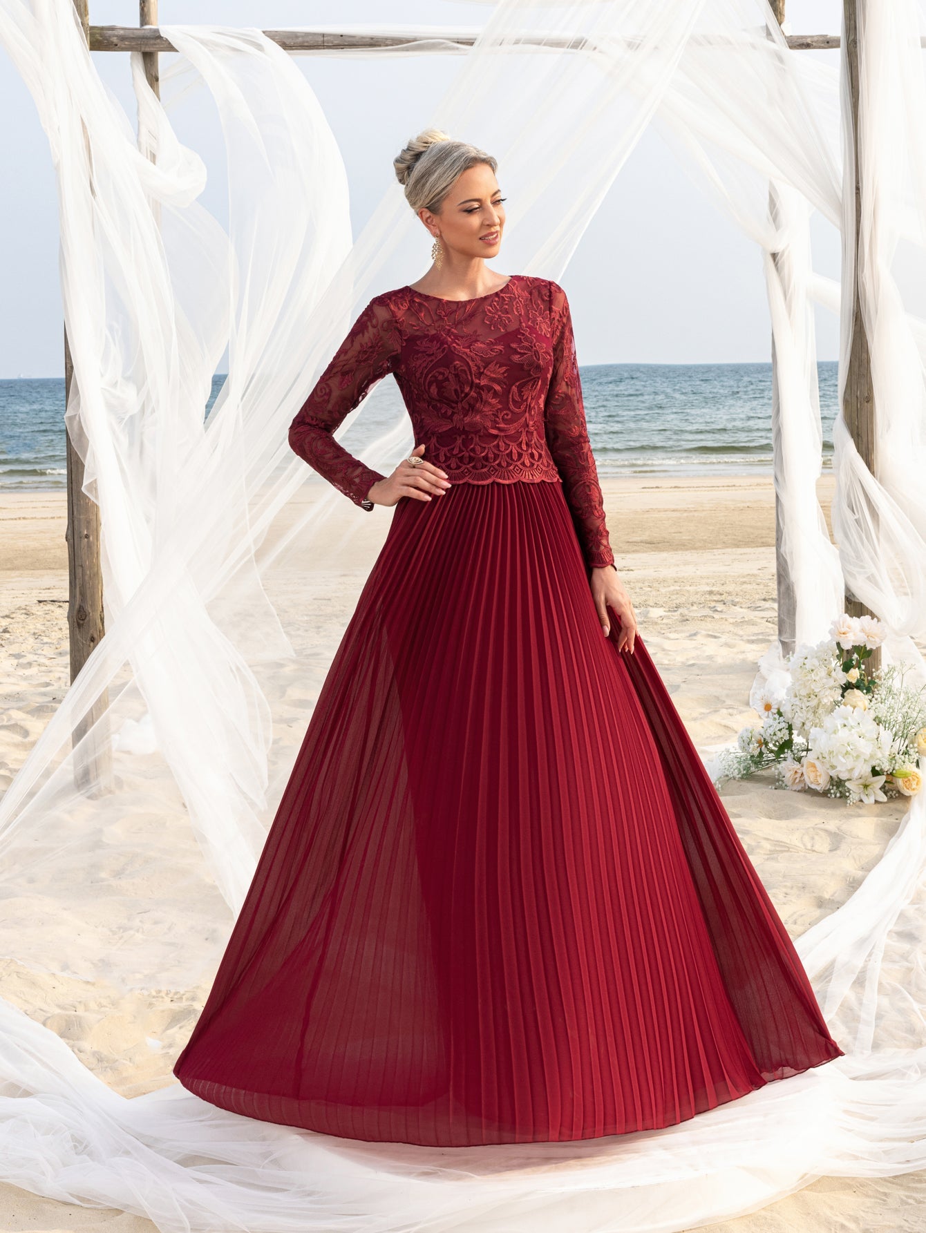 Womens' Elegant A-Line Formal Dress with Long-Sleeve Lace Bodice & Chiffon Pleated Skirt