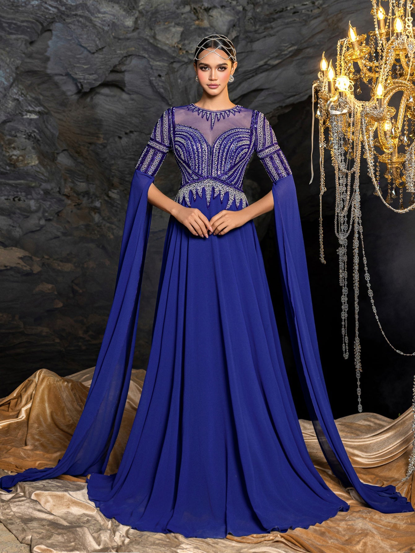Gorgeous Chiffon Evening Gown with Sequins, Beads & Geometric V-Details, Long Sleeve Cape & Full Flowing Skirt