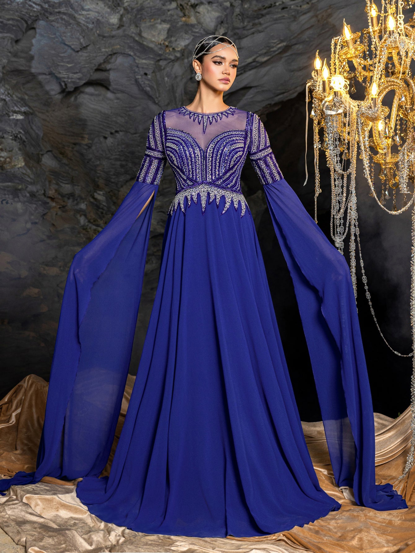 Gorgeous Chiffon Evening Gown with Sequins, Beads & Geometric V-Details, Long Sleeve Cape & Full Flowing Skirt