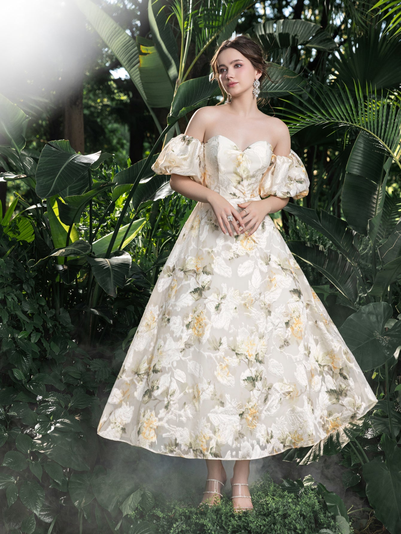 Midi Floral Jacquard Off-Shoulder Gown Elegant Dress for Garden Gal White / XS Midi Floral Jacquard Off-Shoulder Gown Elegant Dress for Garden Gal White / XS