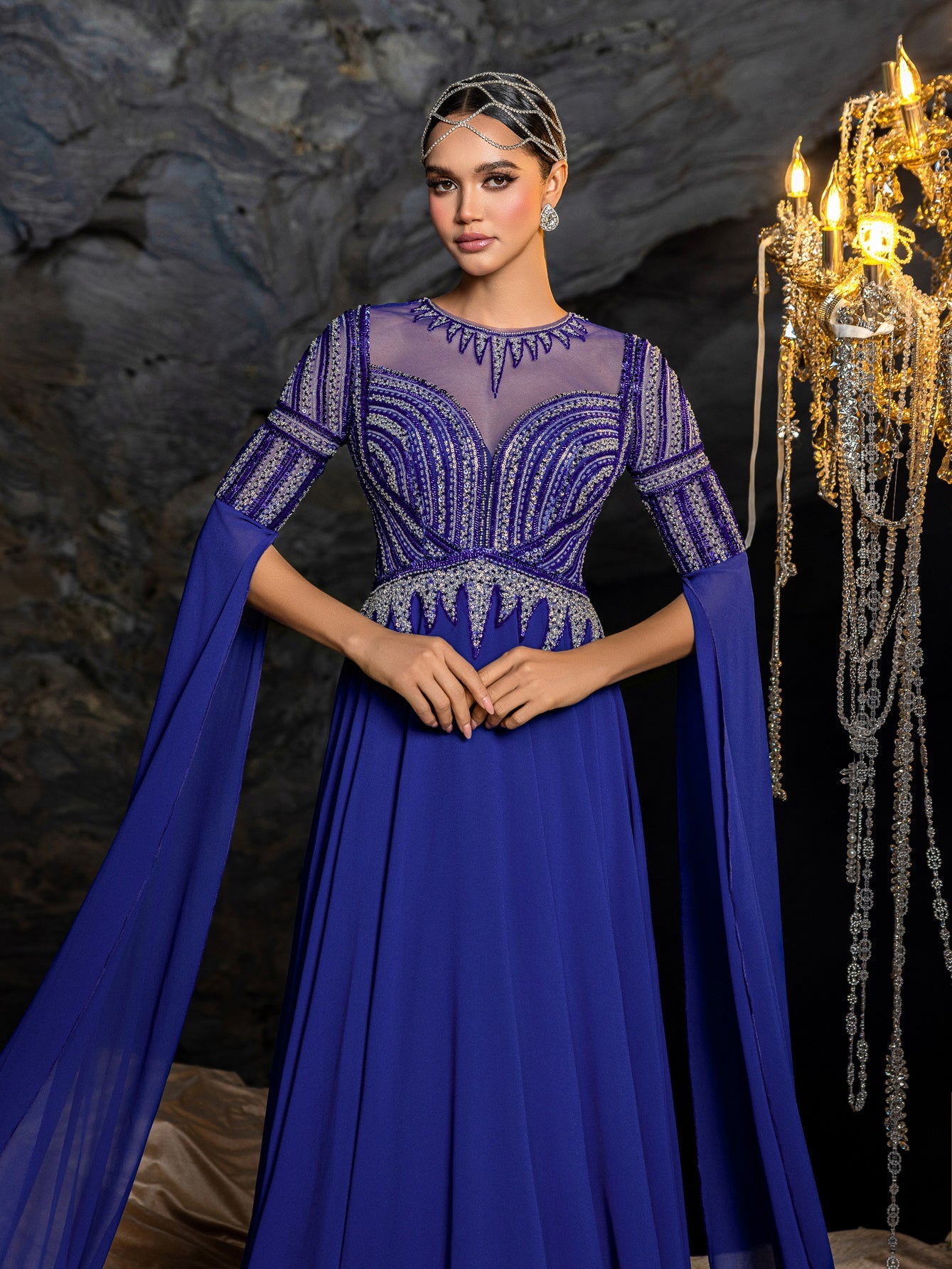 Gorgeous Chiffon Evening Gown with Sequins, Beads & Geometric V-Details, Long Sleeve Cape & Full Flowing Skirt