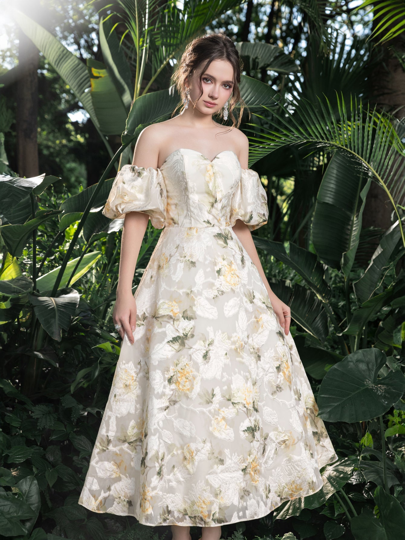 Midi Floral Jacquard Off-Shoulder Gown – Elegant Dress for Garden Gal White / XS