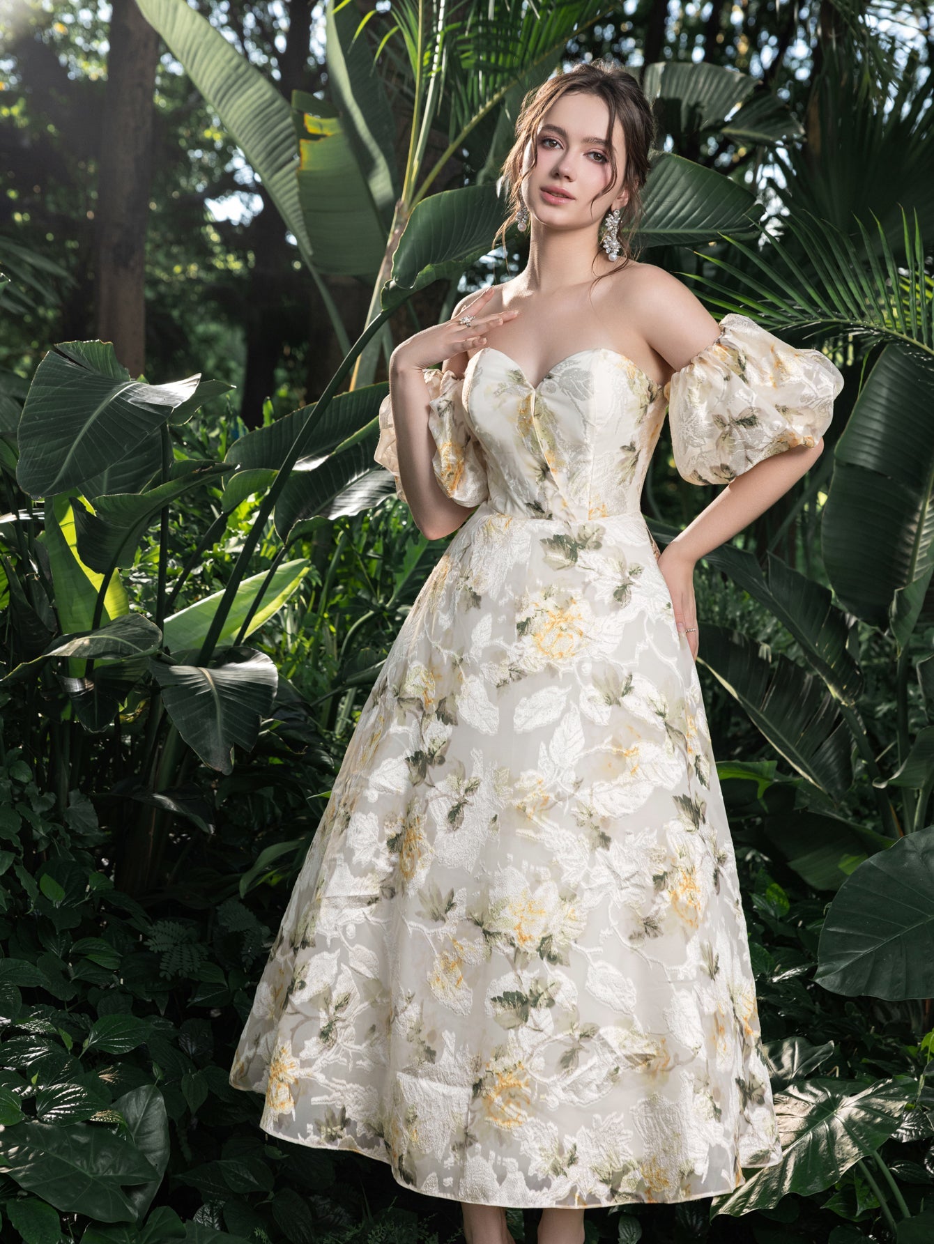 Midi Floral Jacquard Off-Shoulder Gown Elegant Dress for Garden Gal White / XS Midi Floral Jacquard Off-Shoulder Gown Elegant Dress for Garden Gal White / XS